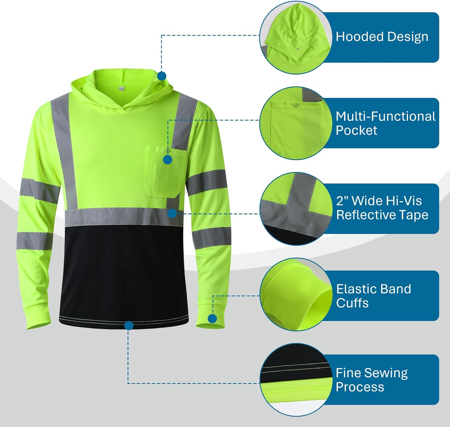 JKSafety Hi Vis Shirts for Men Women Class 3 High Visibility Shirts with Reflective Strips Long Sleeves Safety Hoodie