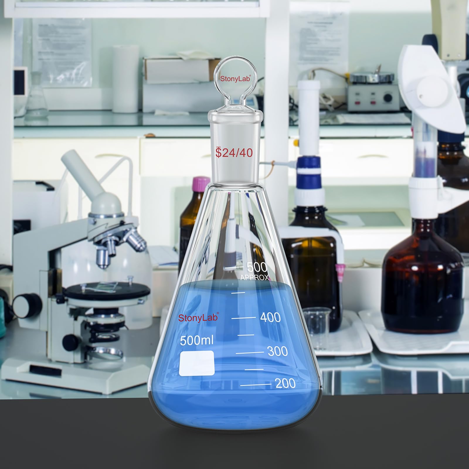 stonylab Matraz Erlenmeyer 24/40 de Vidrio con Tapón, 500 ml Frasco de Pared Gruesa de Vidrio Borosilicato con Junta Exterior Cónica Estándar 24/40 y Tapón de Vidrio