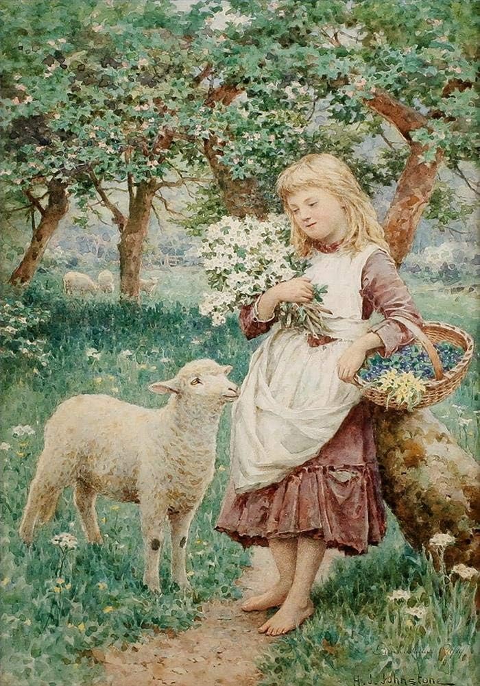 Oil Painting Handmade $50-$2000 by College Teachers - Paintings on Canvas - 25 Little Girls Art in Oil - Country Girl by Henry James Johnstone sheep British -Size6