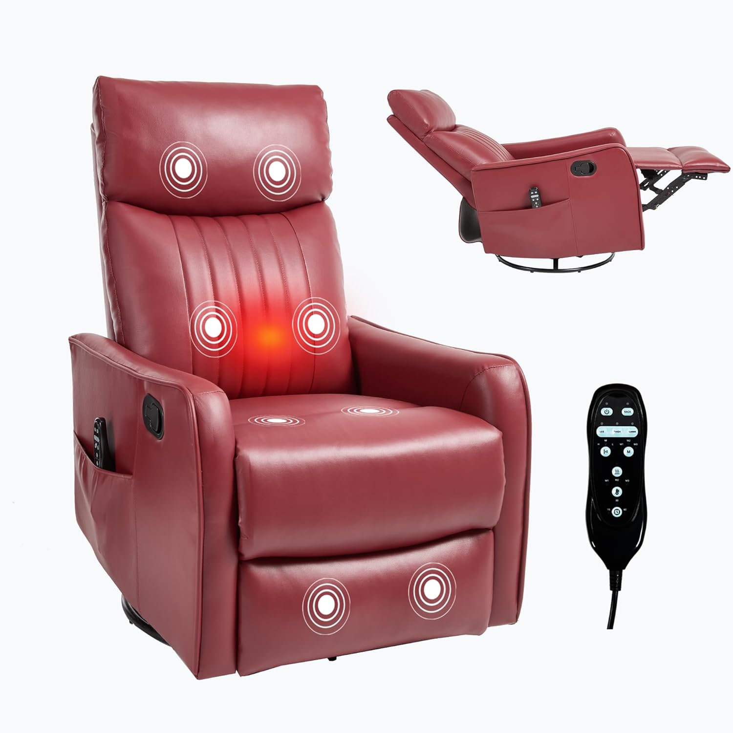Swivel Rocker Recliner Chair, Nursery Rocking Chair with Heat and Massage, Glider Reclining Chair for Living Room Small Space Bedroom, Faux Leather Red