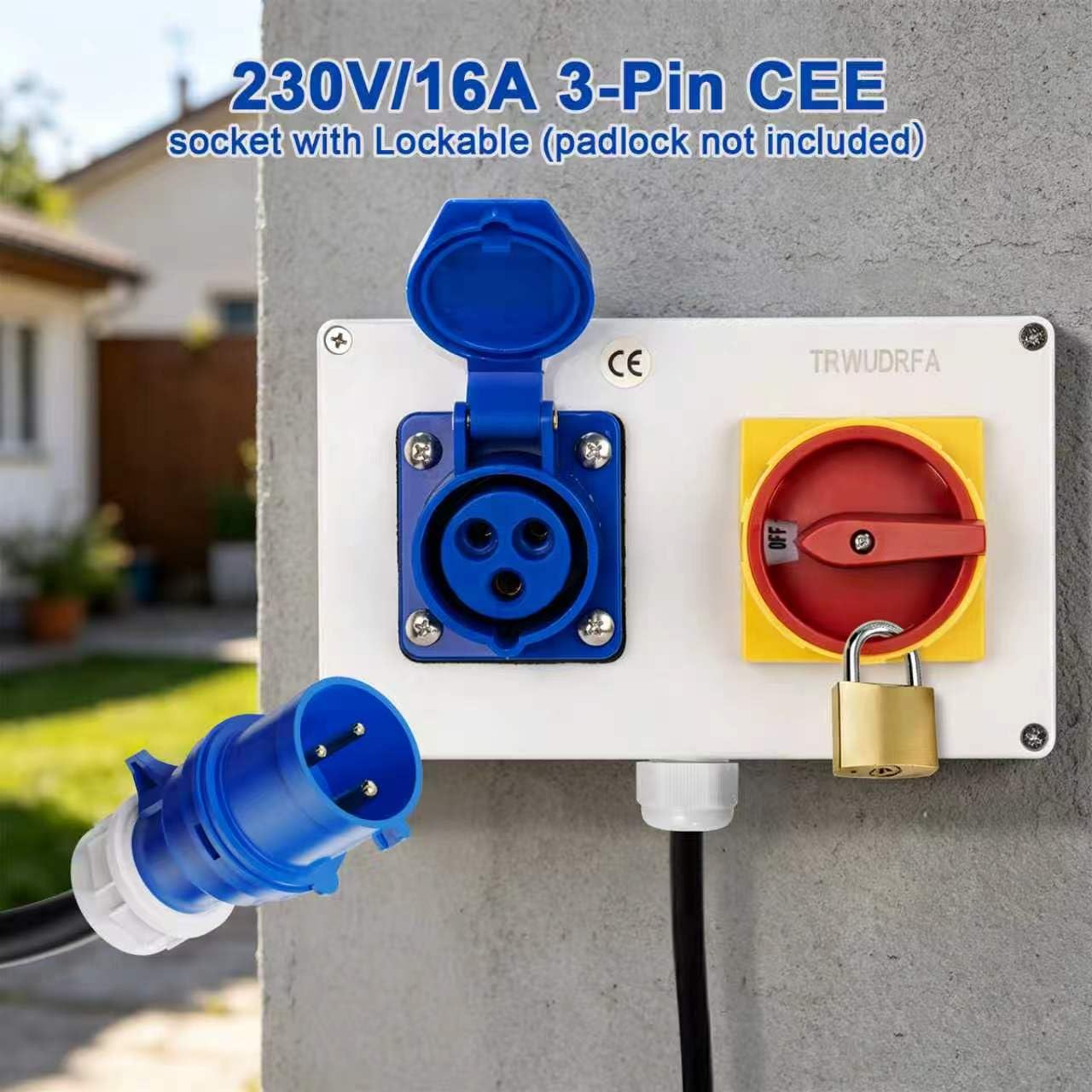 Presa CEE da parete 230 V, 16 A, 3P, distributore di corrente da parete, con azionamento a camme 0-1, interruttore principale bloccabile (20 A), IP44, per cantieri, garage e impianti