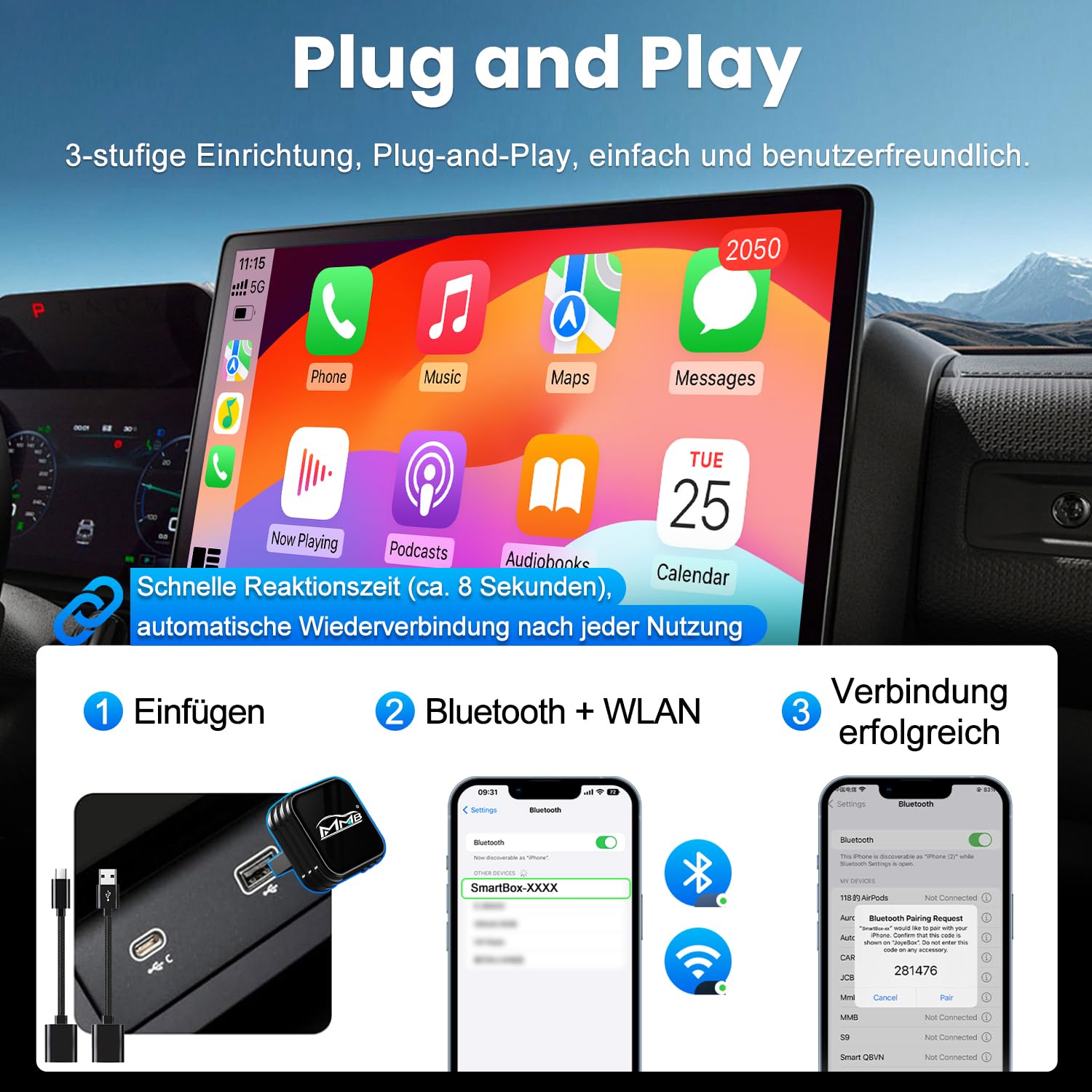 MMB CP-Ultra 2026 Adaptateur CarPlay sans fil 2 en 1 pour iPhone & Android Auto, Wi-Fi 6+Bluetooth 5.4, Convertit CarPlay filaire et Android Auto en CarPlay sans fil, Plug & Play
