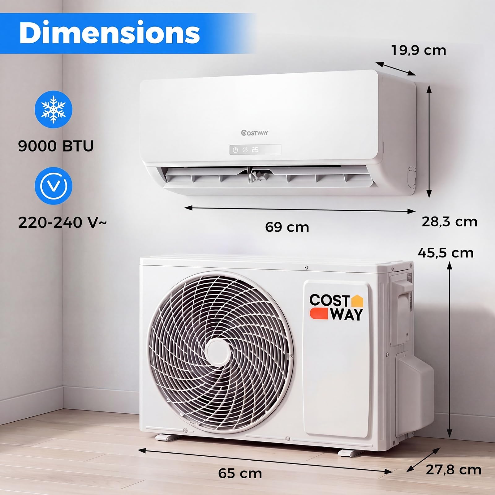 COSTWAY Climatiseur Reversible 9000 BTU 2,6 KW, Climatiseur Split R32 avec Chauffage, Refroidissement, Déshumidification Rapide, Clim Inverter Silencieux 19 dB, Wifi, Auto-Nettoyage, Classe A++