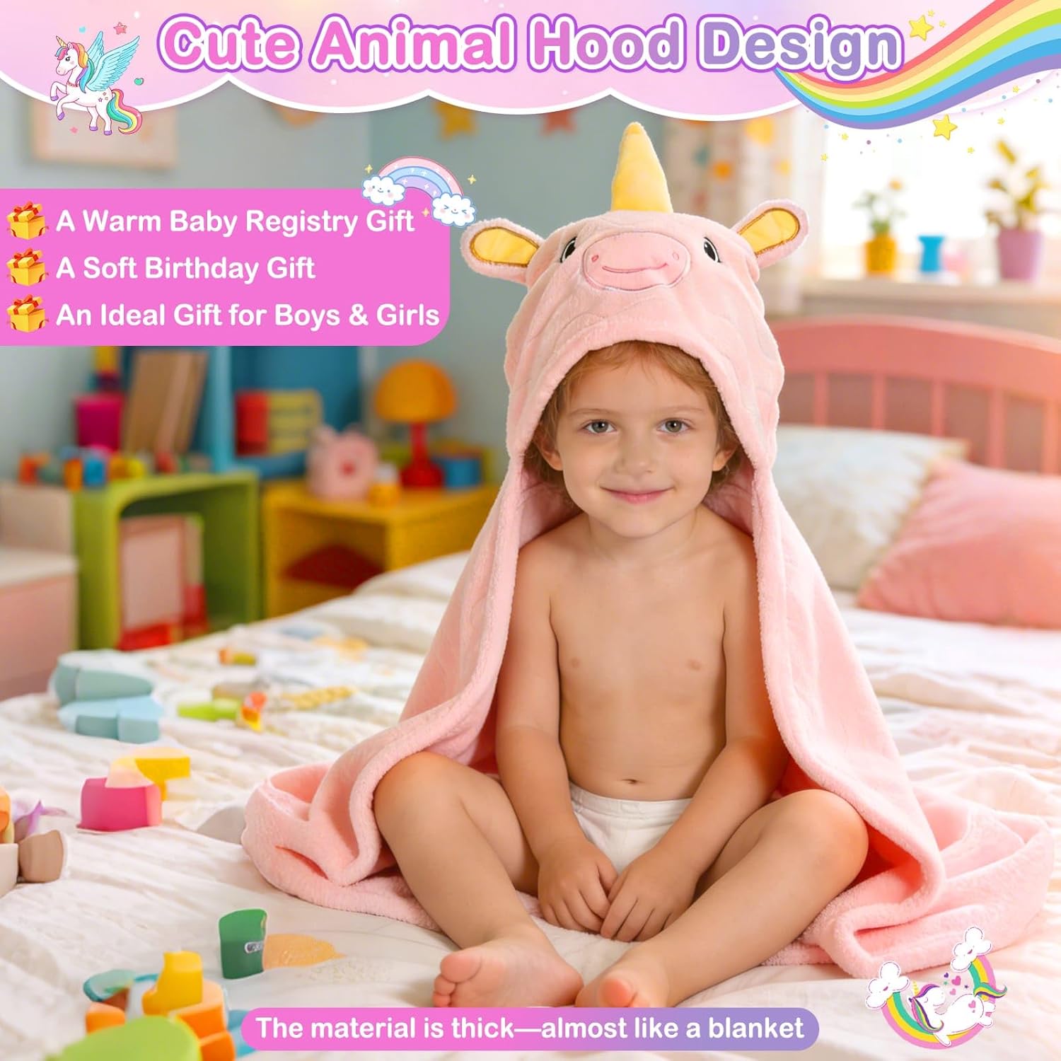 4 Pcs Toddler Towels Set, 1 Thick Toddler Bath Towel & 3 Washcloths, Large 55" x 27.5" Hooded Toddler Bath Towel, Hooded Towels Kids, Soft Toddler Towels with Hood 0-5 Years for Kid (Unicorn) - Image 6