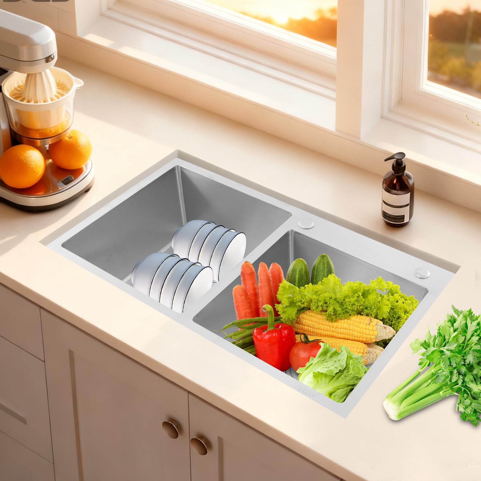 80 x 45 x 22 cm, doppio lavello da incasso, 2 vasche in acciaio inox, con set di sifone e filtro in acciaio inox, facile da pulire (argento)