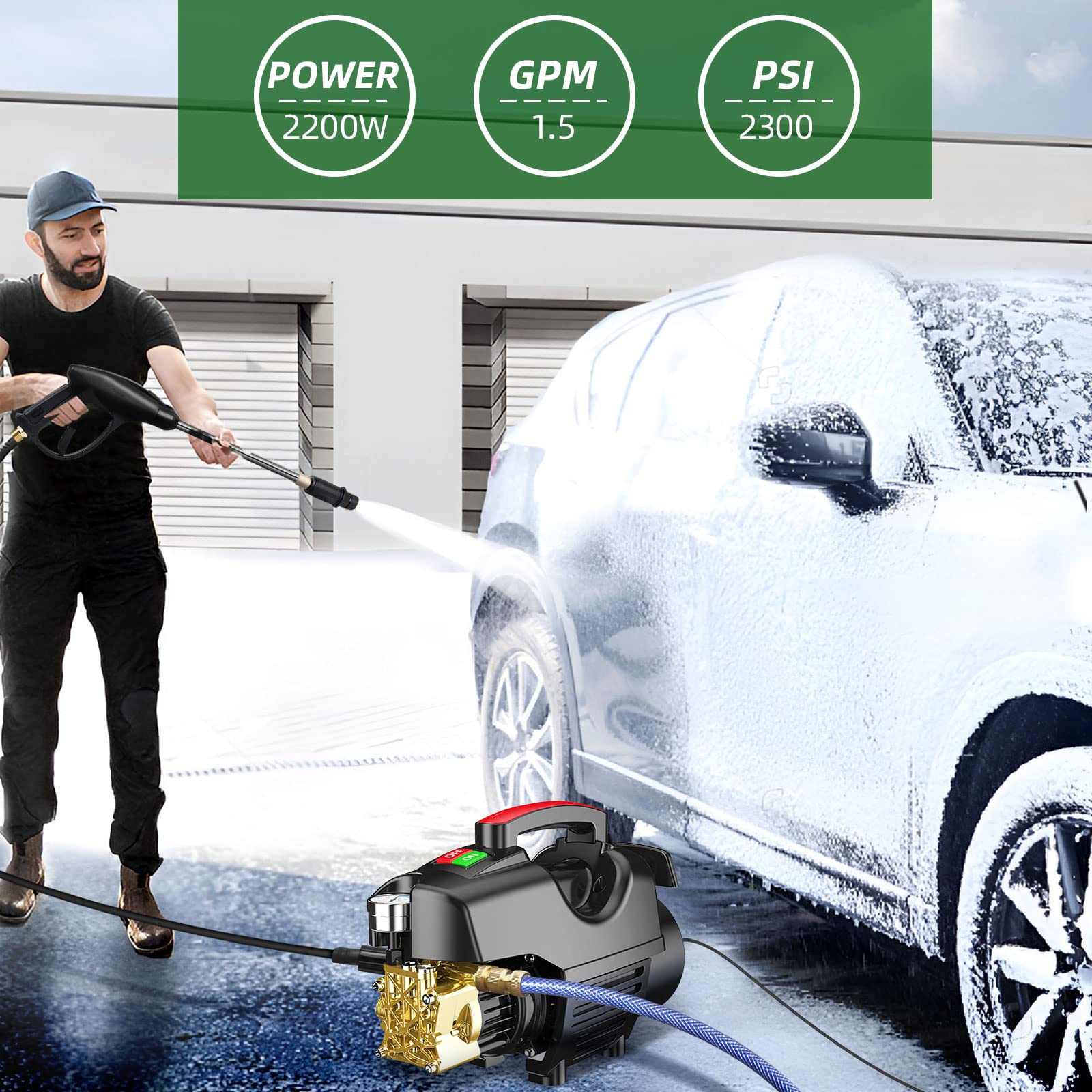 Hidrolimpiadora eléctrica de 180 Bares y 6,5 l/min. Hidrolimpiadora para Coches con Manguera. para Lavar Coches y Casas, y Limpiar Patios. (7mlongwatergun)
