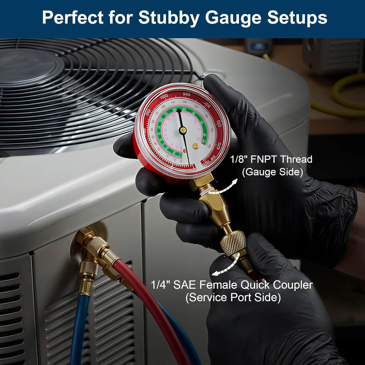 19110 Quick Coupler (2 Pack), Low-Loss Gauge Adapter, 1/4" SAE Female QC x 1/8" FNPT, Adjustable Valve Opener for HVAC Pressure Checks