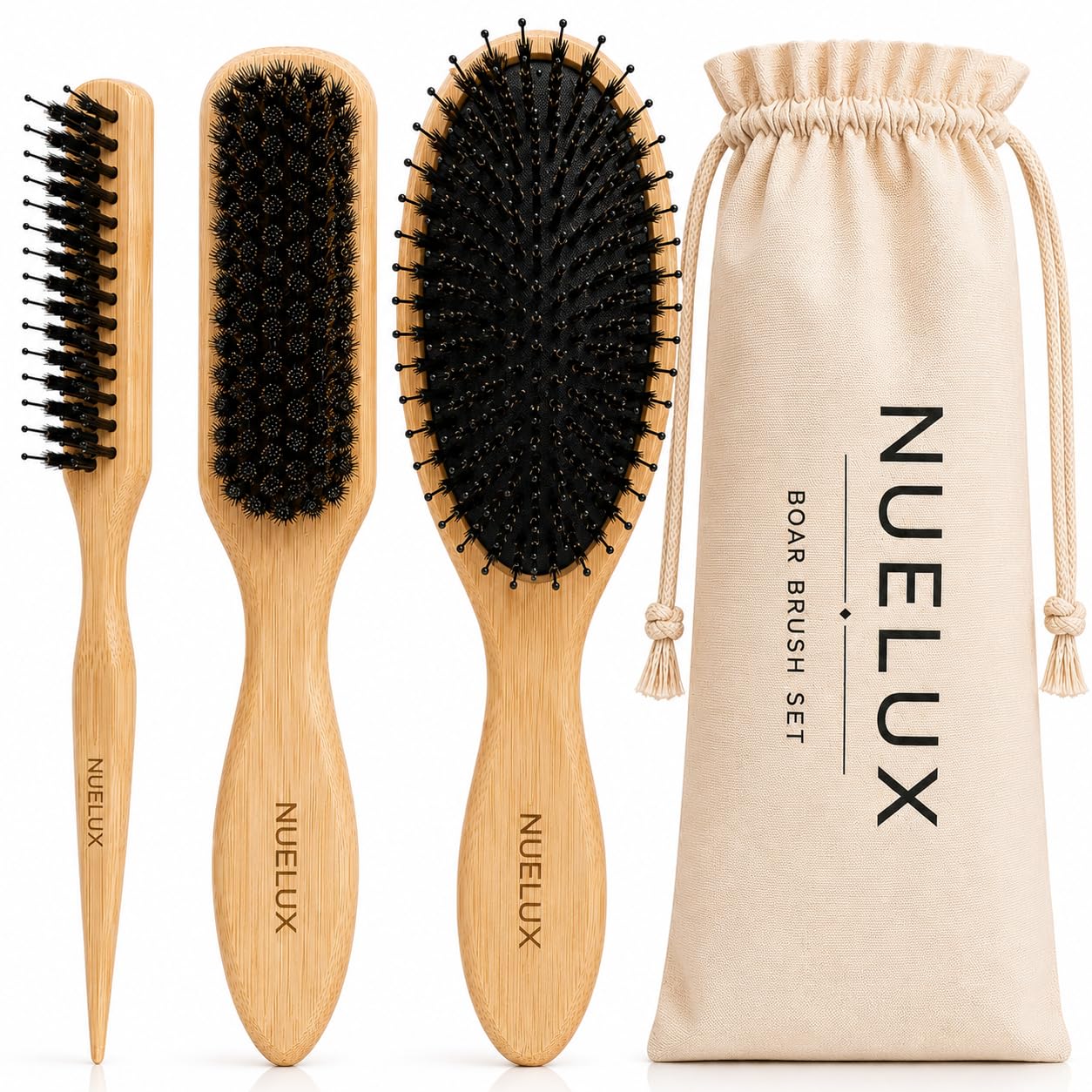 Boar Bristle Slick Back Hair Brush Set 3 Pack for Women & Men – Smooth Flyaways, Frizz & Baby Hairs – Soft & Medium Bristle Wooden Styling Brushes for Sleek Buns, Ponytails & Edges