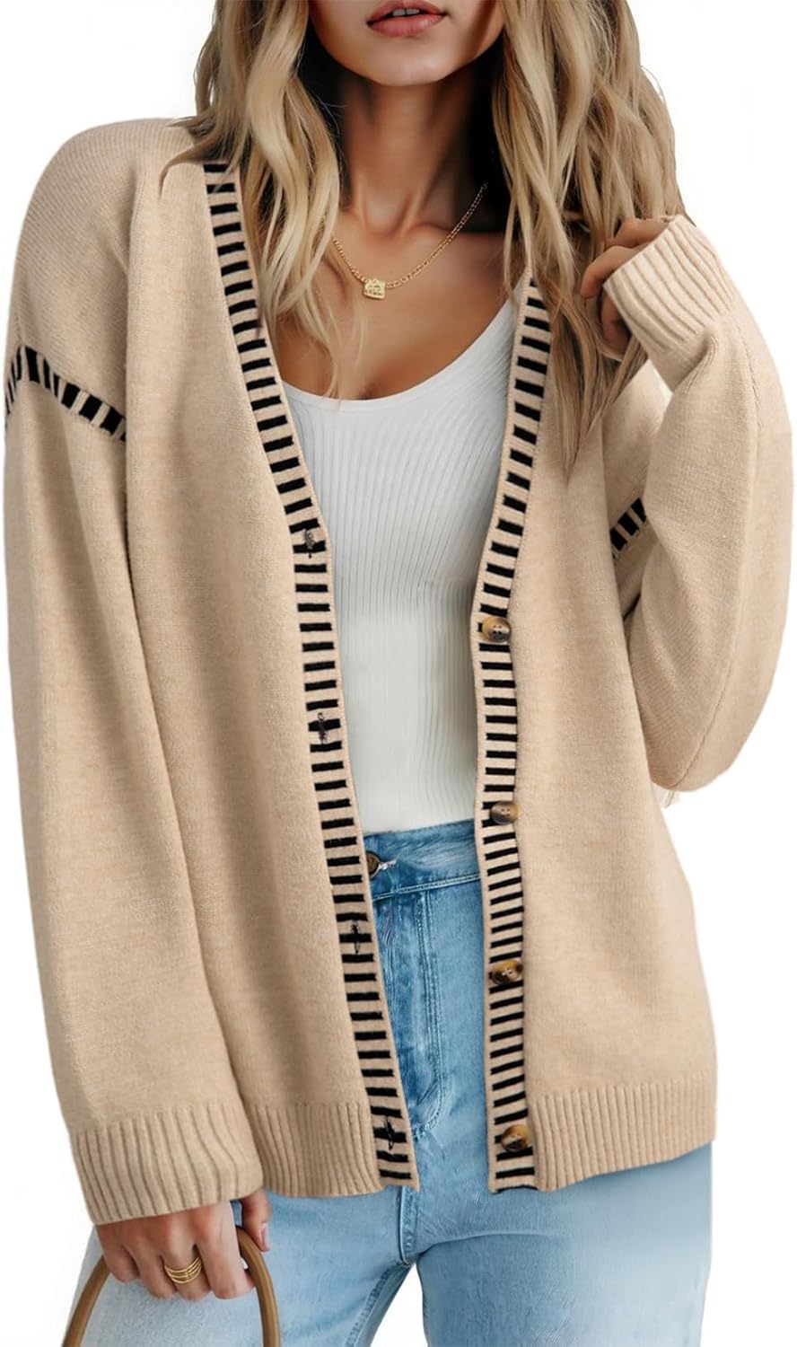 Dokotoo Womens Oversized Cardigan Sweaters Casual Coats Long Sleeve Button Front Stripes Trim Fall Outfits