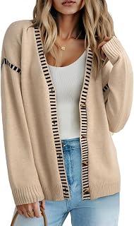 Dokotoo Women's Oversized Cardigan Sweater: Long Sleeve Button Front Striped Trim V-Neck Casual Fall Winter Coat