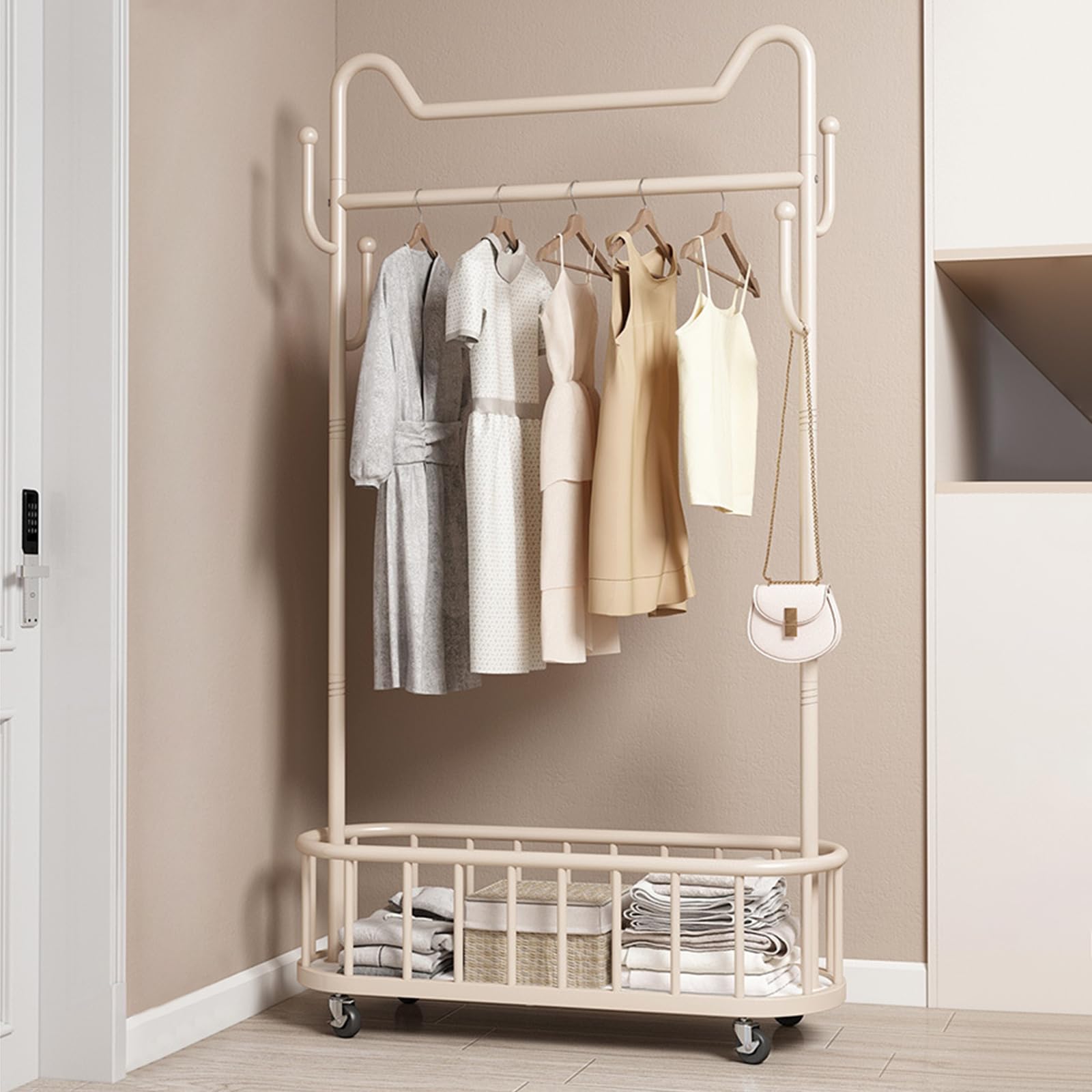 Ergocar Kledingrek, vrijstaande metalen kledingstang, droogrek met onderste opbergplank, draagbare hangende kledingstang met katrol, voor kleding, tassen, hoeden, schoenen