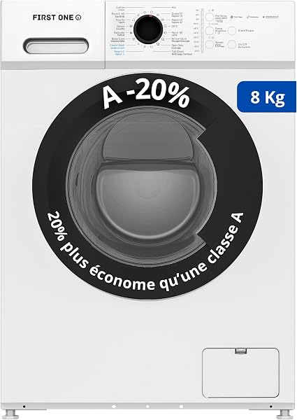 Lave-linge frontal FIRST ONE FLL81400WH - 8 Kg - 1400 tr/mn - 16 programmes - Eco - Intensif - Rapide – Très Faible conso - Classe A-20% - 1