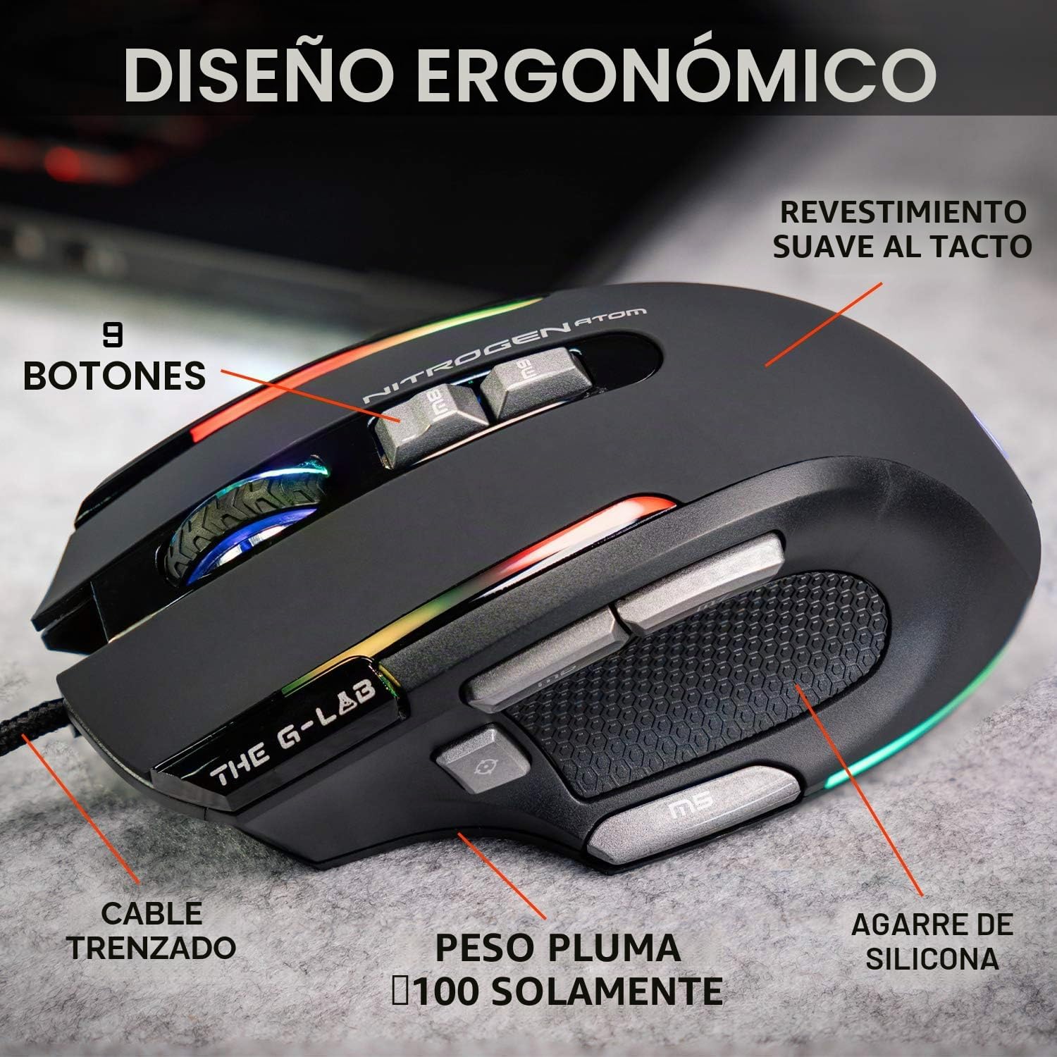 The G-Lab Kult NITROGEN Atom Mouse Gaming con Cable de Alto Rendimiento –Sensor Óptico 4800 dpi, RGB, 9 Botones Programables, Ultraligero, Ideal para MOBA/FPS – Compatible con PC/PS5/Xbox One – Negro 5