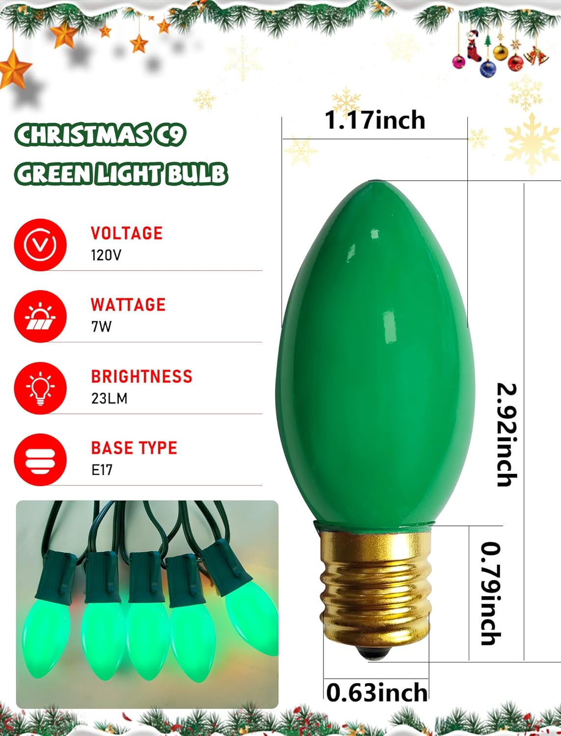 25 Pack Christmas Light Bulbs, 7W Incandescent Replacement Bulbs, Vintage Ceramic Bulbs for Christmas String Lights Outdoor St. Patrick's Holiday Decor, E17/C9 Intermediate Base, Green