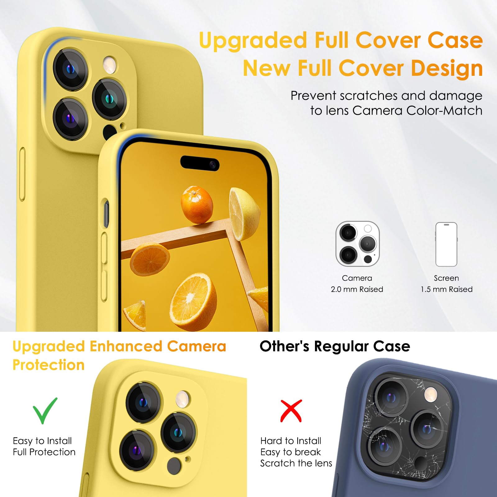 CALOOP Slim-Fit for iPhone 14 Pro Max Case,Skin Soft Liquid Silicone,Sturdy Hard Frame Shockproof Cover with Anti-Scratch Microfiber Lining,Full Protection for Screen and Lens,6.7 inch(Lemon Yellow) - Image 3