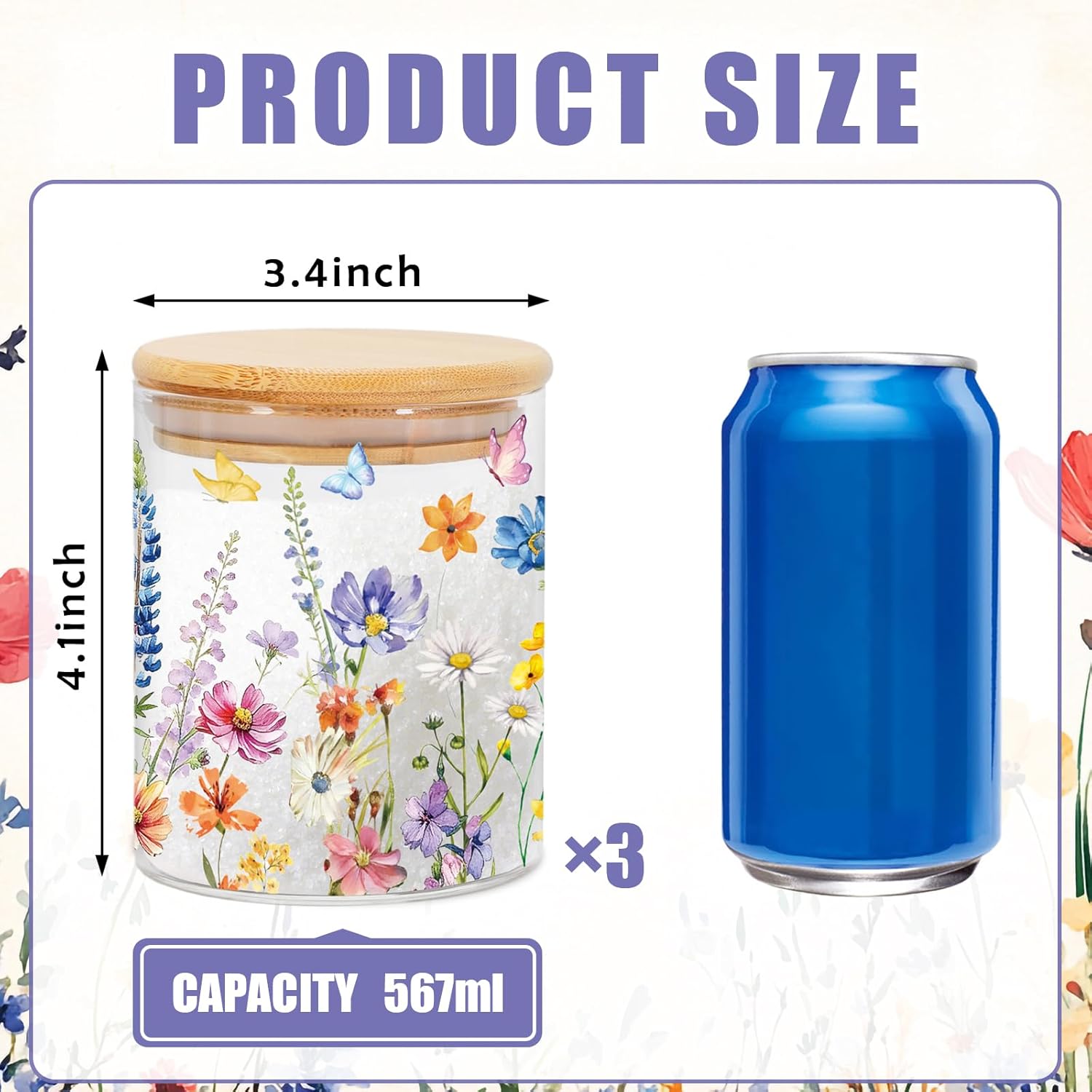 JarThenaAMCS 3Pcs Spring Summer Floral Glass Storage Jars with Airtight Lid Watercolor Flower Butterfly Decorative Clear Canisters Sets for Home Kitchen Countertop