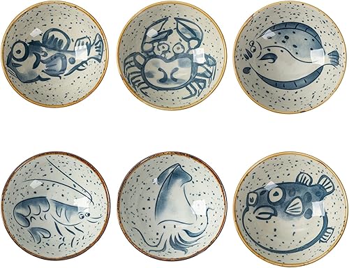 Miniatura 2 de TJ Global Juego de 6 cuencos de cerámica tradicional japonesa con diferentes diseños de pescado para arroz, ensalada, sopa, cereales, aperitivos,