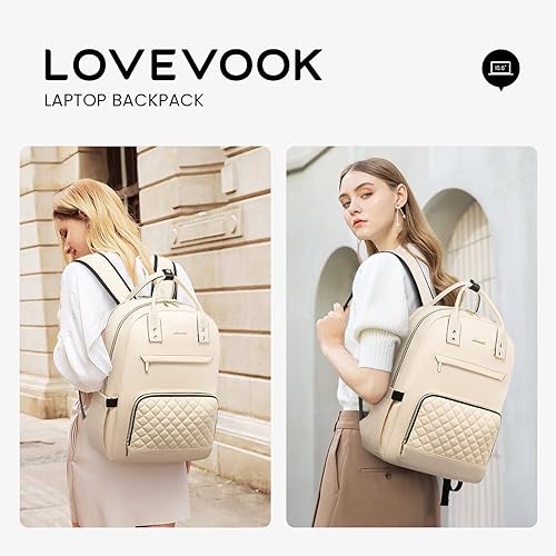 Miniatura 6 de LOVEVOOK Mochila para laptop para mujer, bolsa de mano abierta para profesores, enfermeras, bolsa de mano de trabajo de 15.6 pulgadas, Beige,