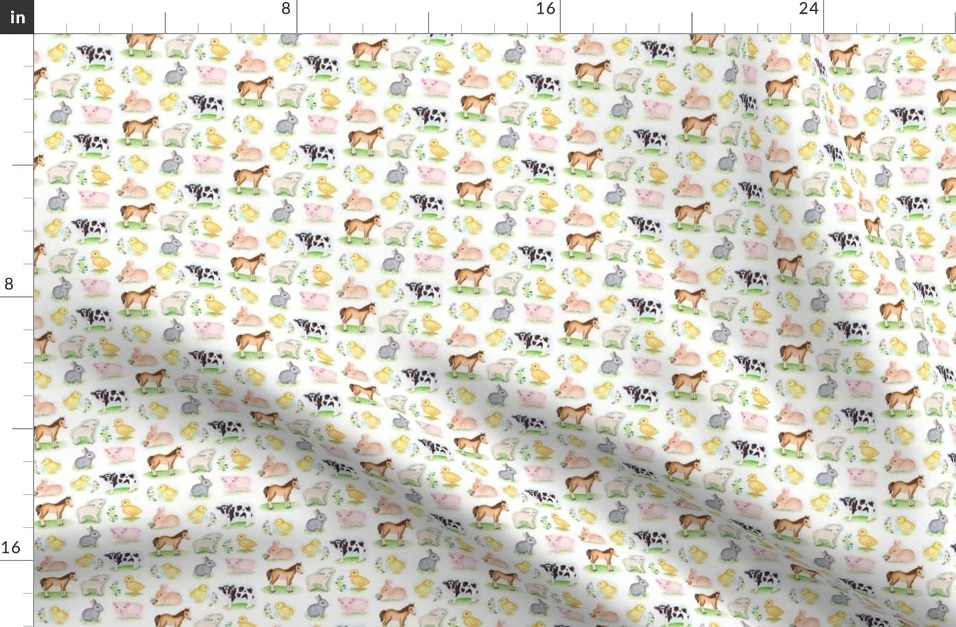 Spoonflower Fabric - Farm Animals Cow Horse Lamb Bunny Pig Chick Animal Print Printed on Organic Cotton Sateen Fabric by The Yard - Sewing Quilting Apparel Home Decor