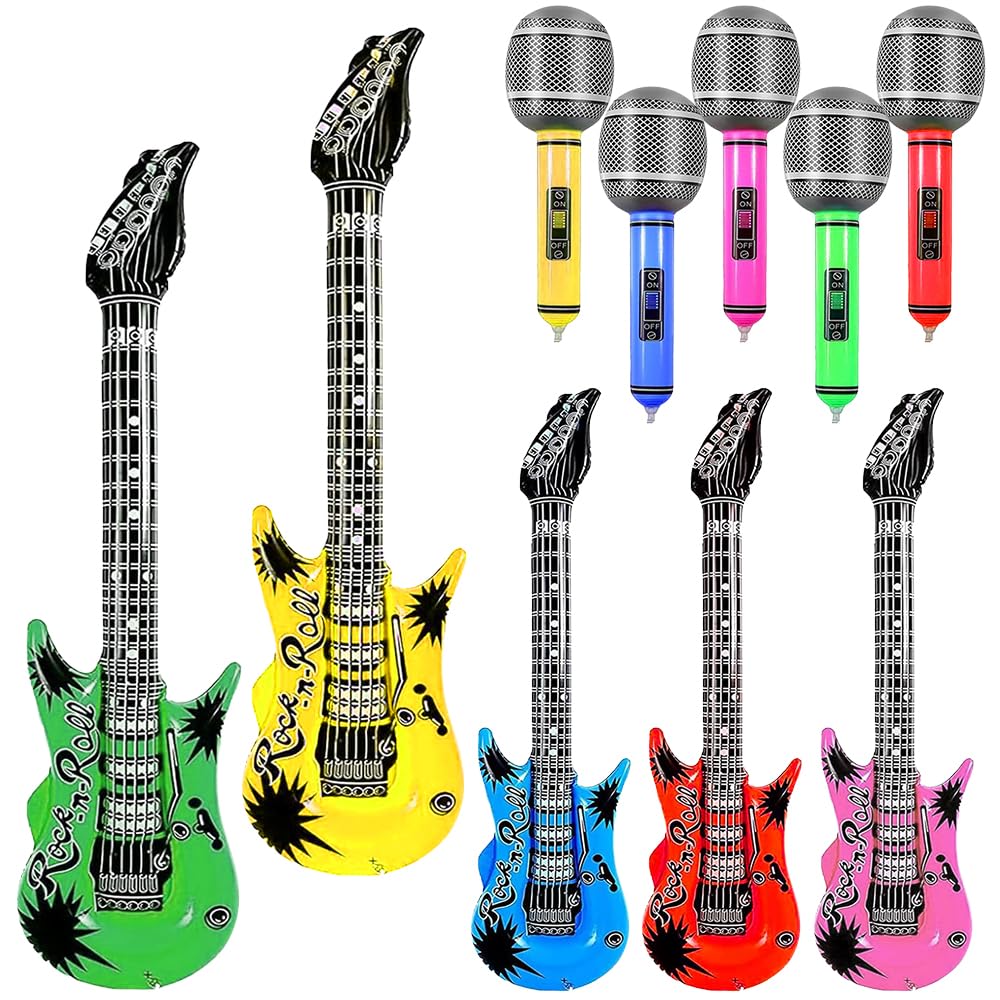 10 Pcs Inflatable Guitars and Microphones Set - 90cm Blow Up Guitar & 55cm Instrument with 25cm Mics - 80s 90s Rock Star Party Accessories, Fancy Dress Accessories, Photo Booth Props