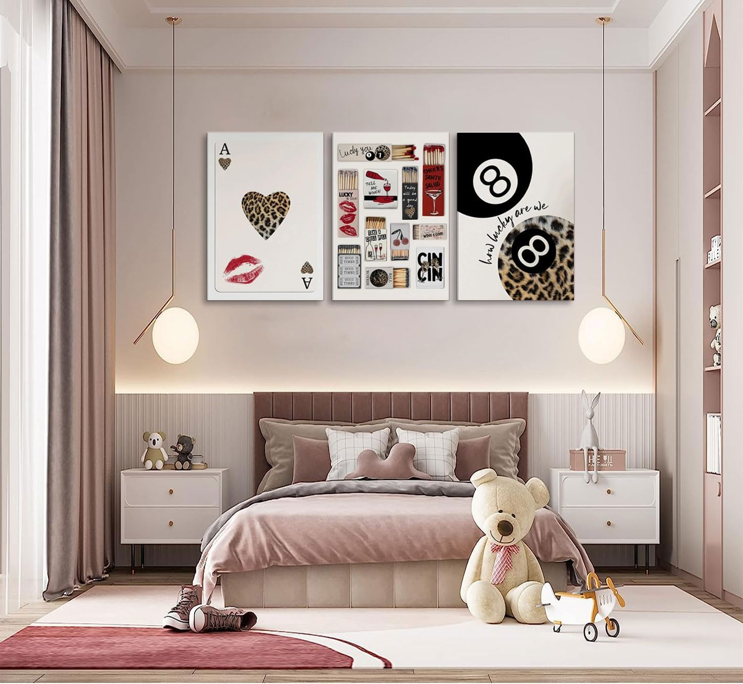 3Pcs Vintage Matchbox Canvas Wall Art Trendy Leopard Ace of Spades Posters Prints Fun Quotes and Lucky Theme Pictures Wall Decor for Girl Dormitory Apartment Bedroom Home Decoration Prepare to hang