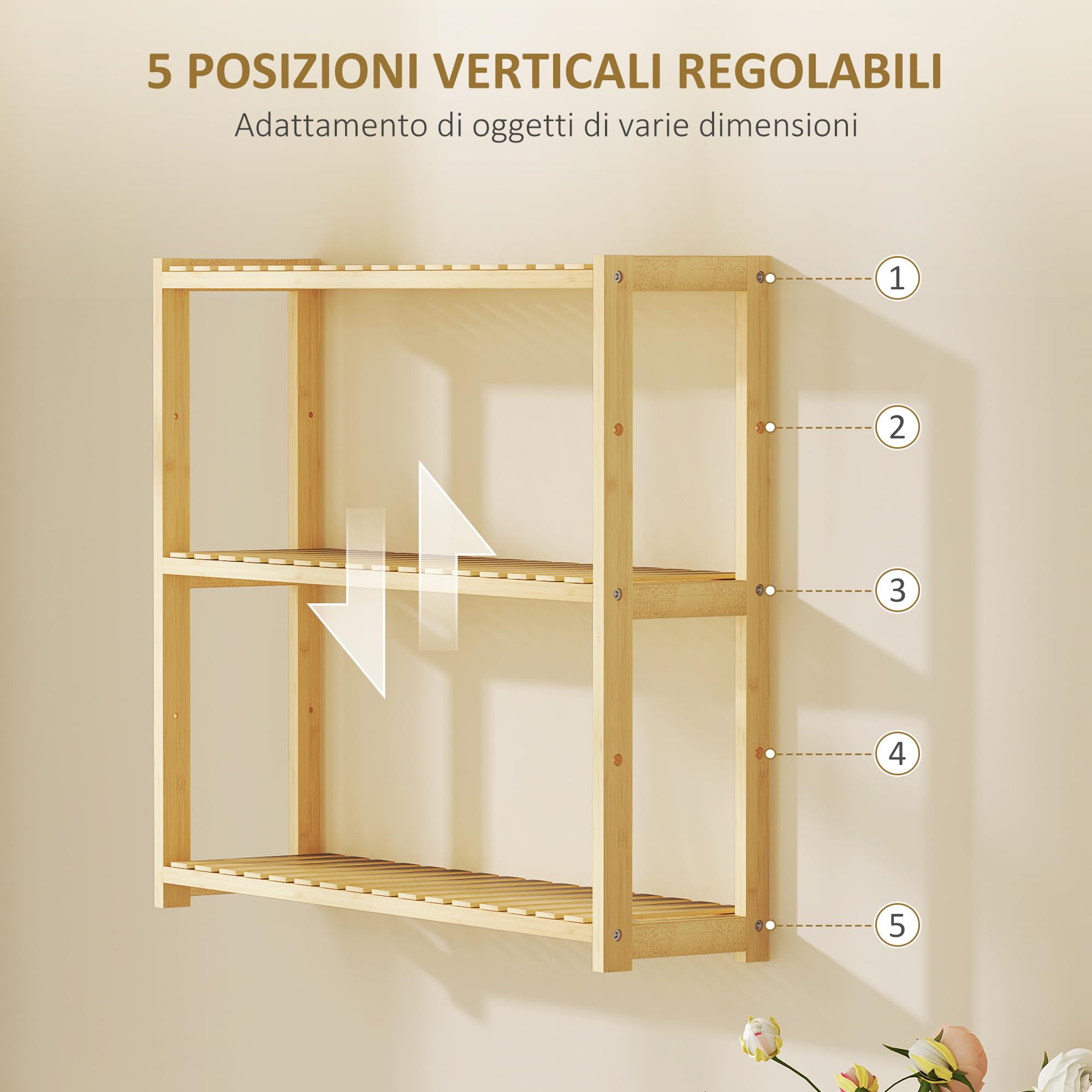 HOMCOM Scaffale da Bagno a 3 Ripiani Regolabili in 5 Livelli, Mobile Contenitore in Bambù a Parete o a Terra, per Cucina, Soggiorno e Bagno, 60x15x50 cm, Color Legno