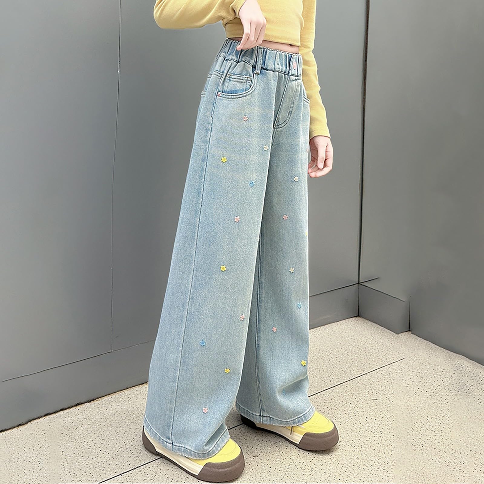 Pantalon de jogging baggy pour garçons et filles - Jean vieilli - Taille élastique - Baggy Denim - Pantalon large