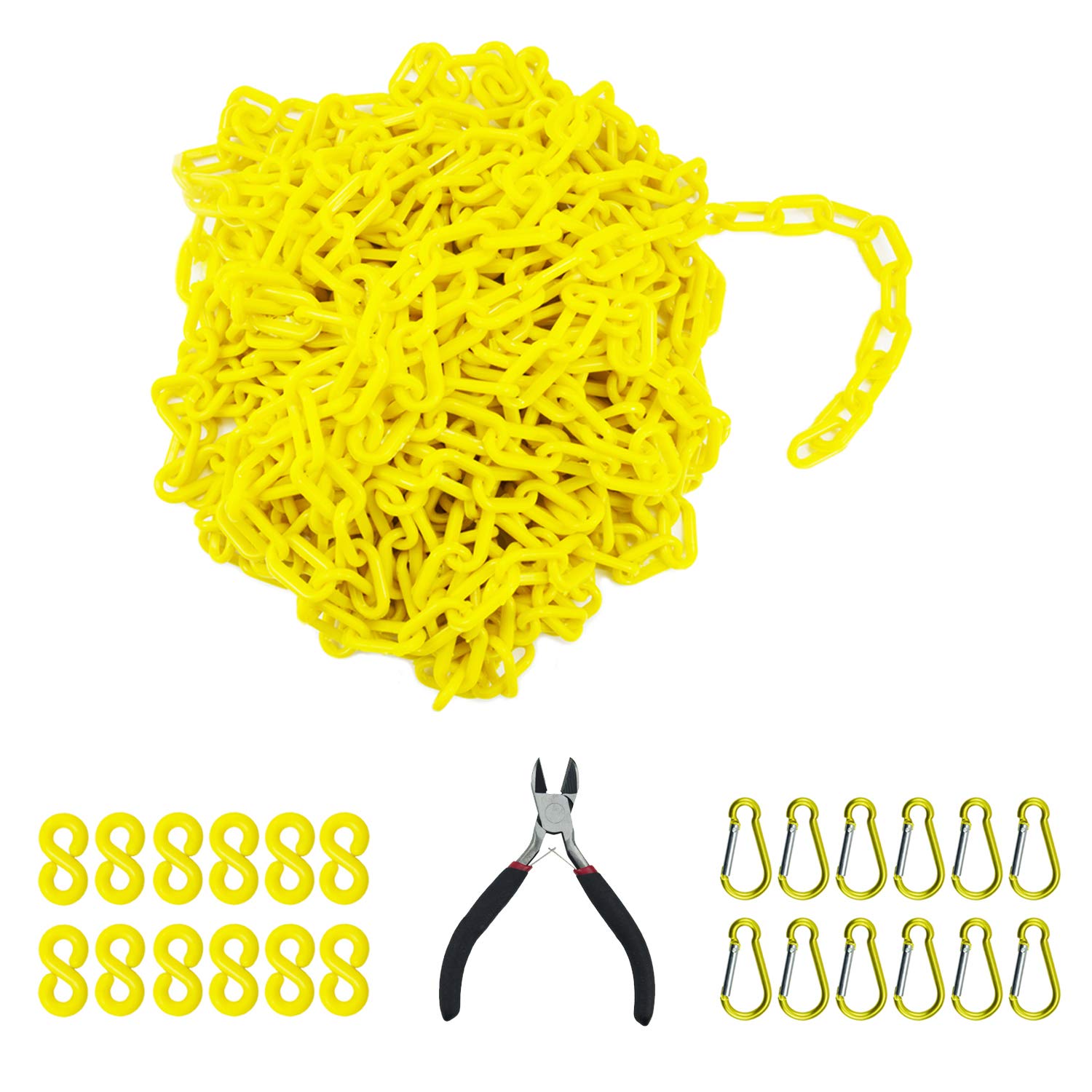 Reliabe1st 50 Feet Yellow Plastic Safety Barrier Chain with 12 SHooks