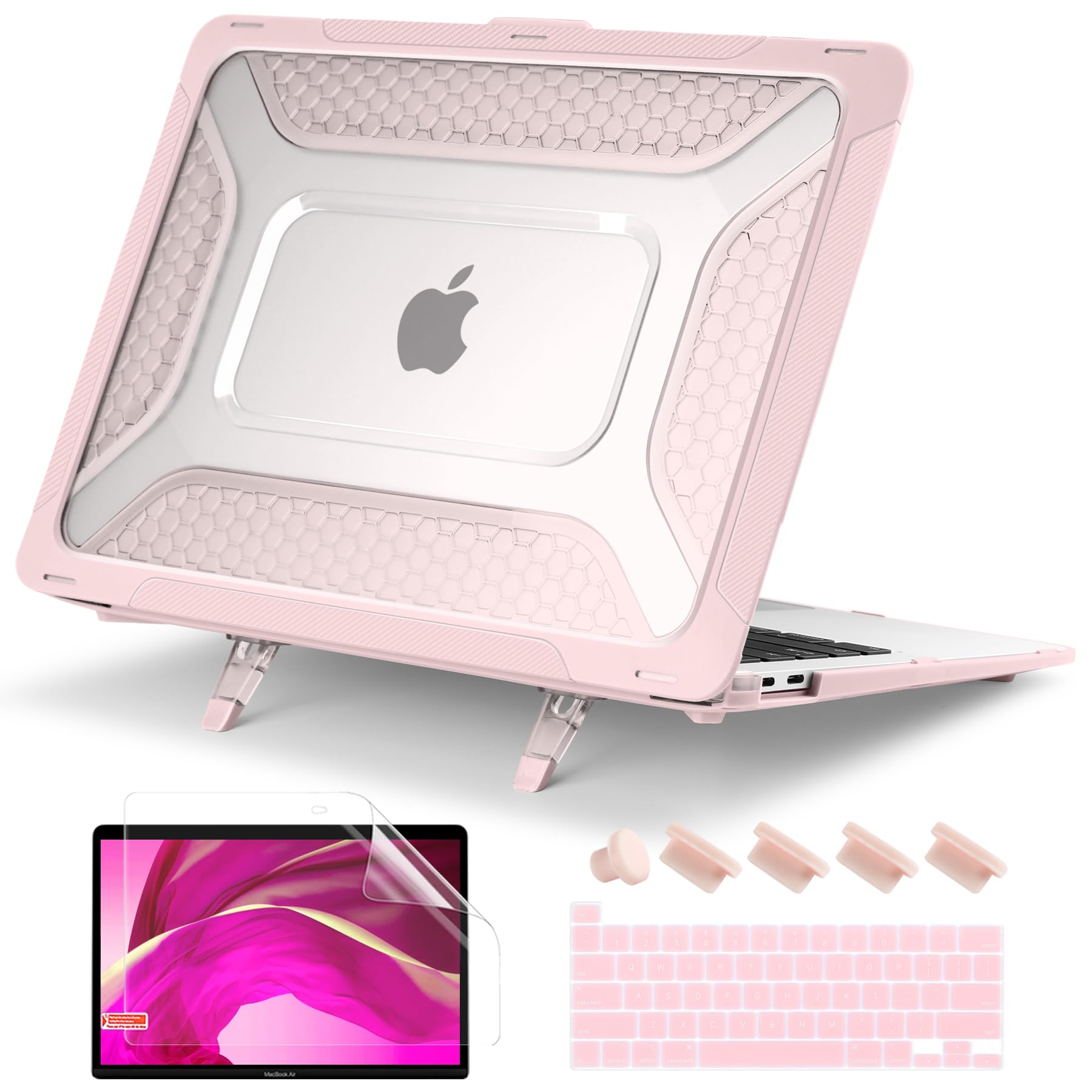 Batianda Protective Case for MacBook Pro 13 inch Case M2 Chip 2022 2020 Release A2338 M1 A2289 A2251 Model,Heavy Duty Honeycomb Hard Shell with TPU Bumper and Fold Stand & Keyboard Cover, Light Pink