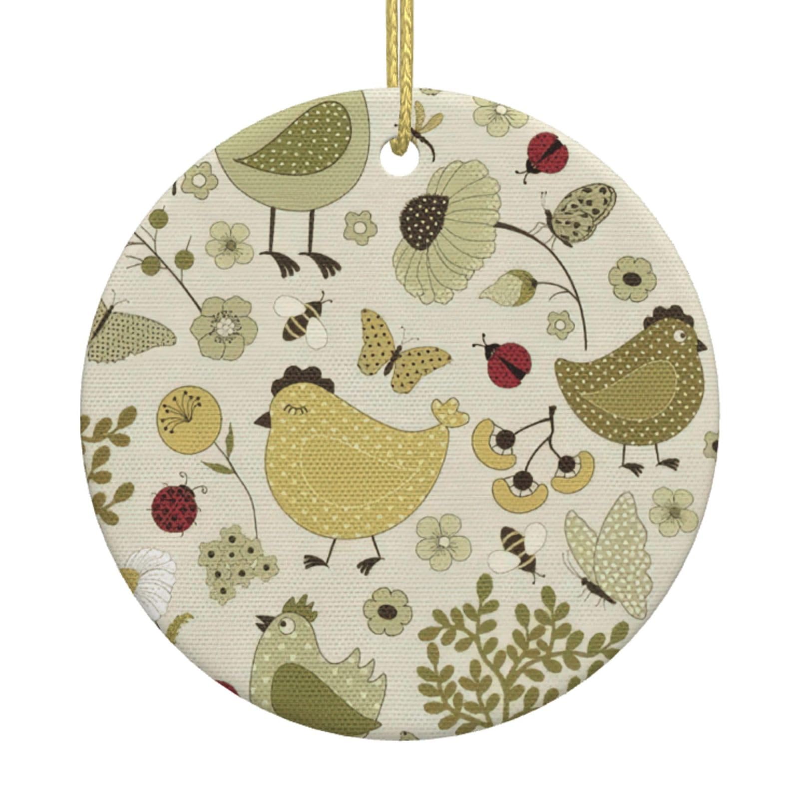 Yellow Leaves Chicken Print Christmas Ornaments, Ceramic Hanging Ornament, Round Shape Decorations