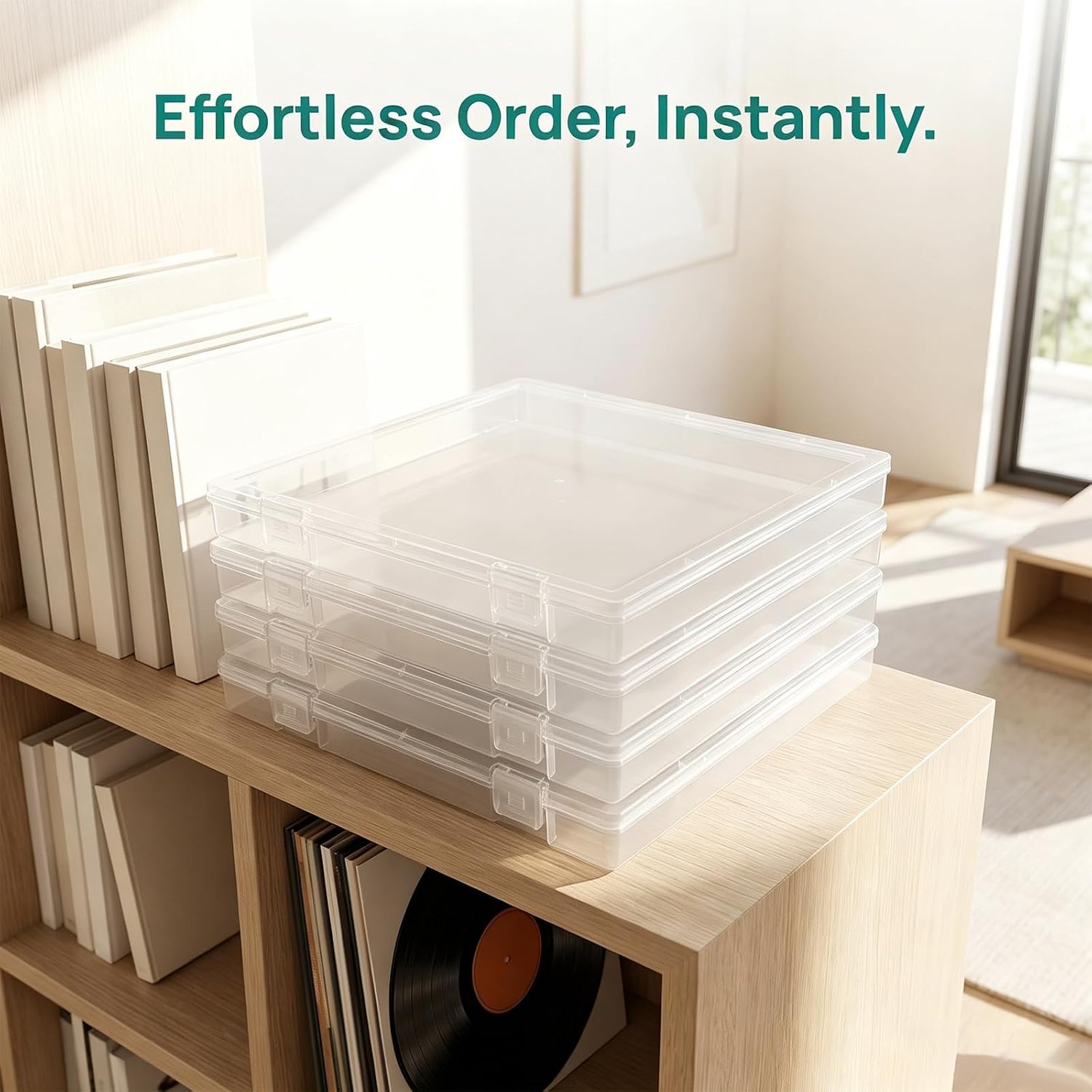 4pcs Plastic File Storage Box with Lid, Lockable Stackable Organizer