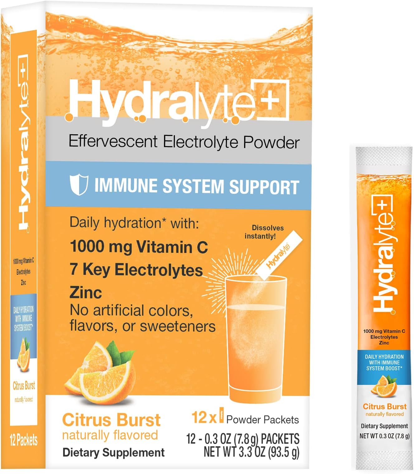 Hydralyte Electrolyte Hydration Powder Packets Immunity Boost (1000mg Vitamin C, Zinc)- 12 ct