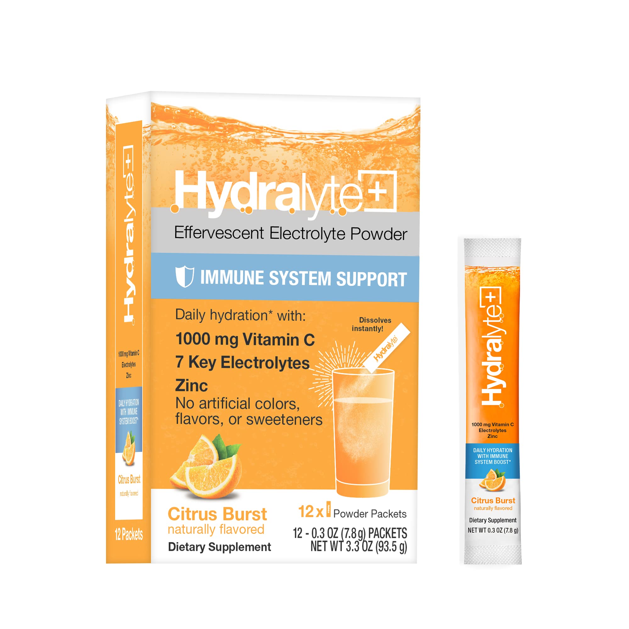 HydraLyte Electrolytes Plus Immunity, Citrus Low Sugar Rapid Rehydration Powder - Lightly Sparkling Electrolyte Powder Packets with 1,000mg Vitamin C and Zinc for an Immune Boost (8oz Serve, 12 Count)