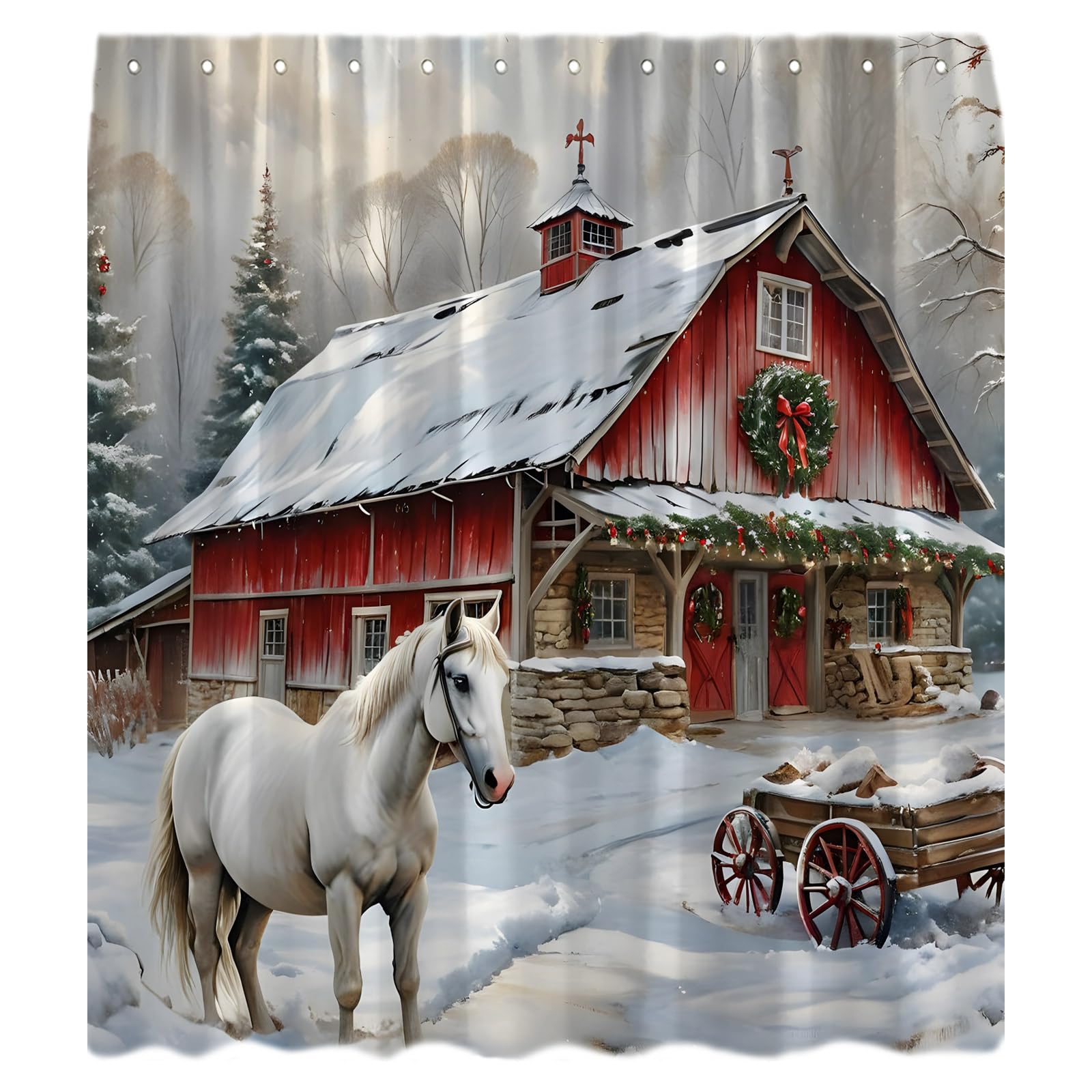 CCNSTMS Rustic Christmas Horse Shower Curtain Farmhouse Wild Animal Red Barn Door Nature Xmas Tree Snow Forest Winter Holiday Vintage Decor Bathroom