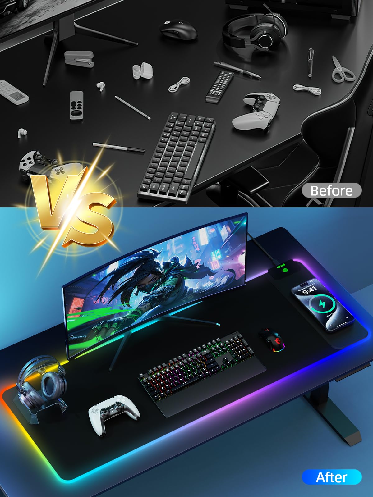 Tappetino per mouse con ricarica magnetica, tappetino per mouse da gioco XL, 80 x 30 cm, 11+5 modalità di illuminazione RGB, grande tappetino da scrivania per casa e ufficio con superficie ultra