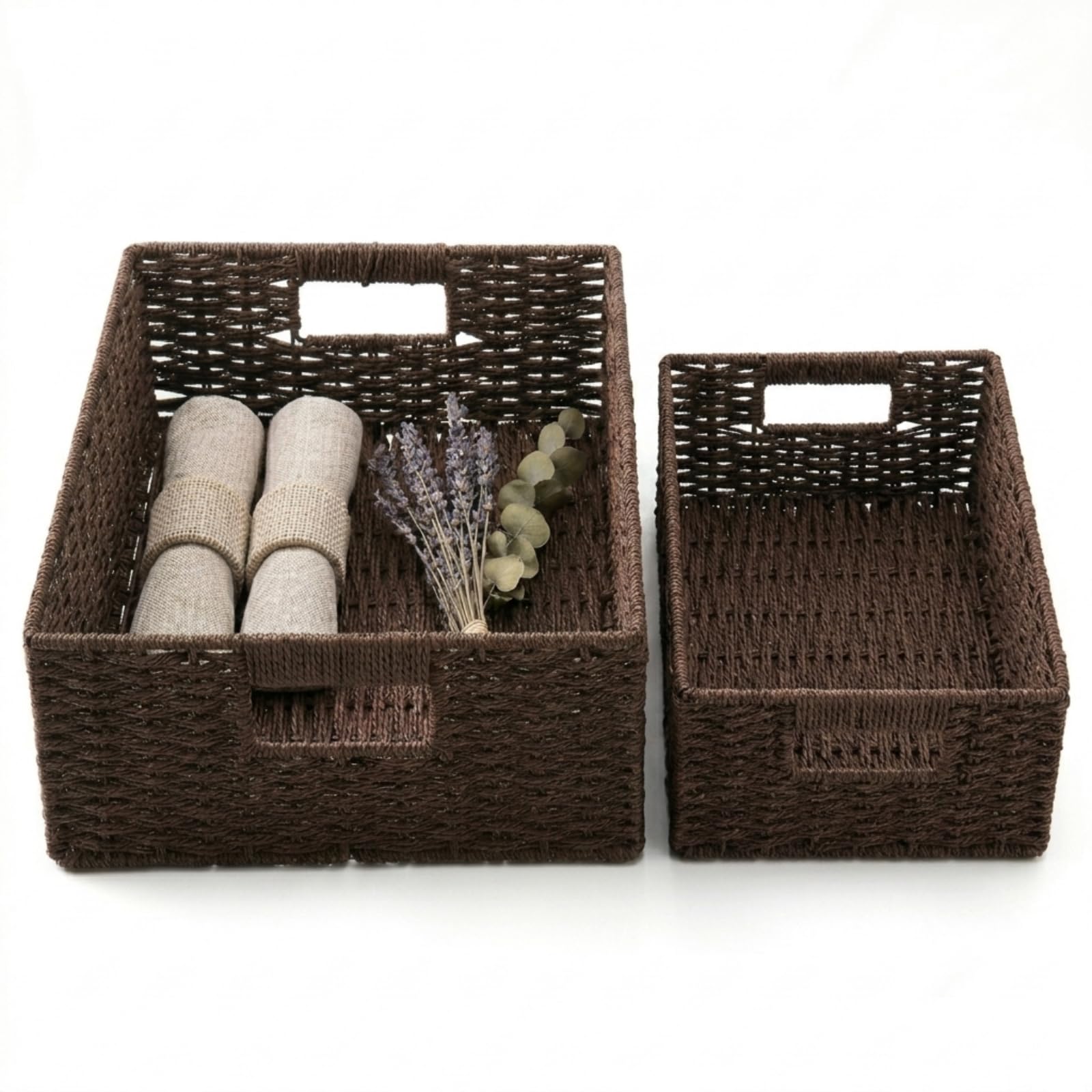 TOPZEA 2 Pack Large Rectangular Wicker Storage Basket, Woven Closet Storage with Handle, Decorative Pantry Organization Basket for Kitchen, Bathroom, Brown