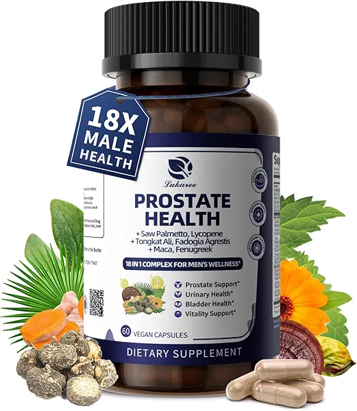 Lukaree Prostate Health Supplements for Men - 18 in 1 Saw Palmetto with Pumpkin Seed & Nettle - Advanced DHT Blocker - Urinary Tract Health Support - Enhanced with Ashwagandha, Reishi, 60 Capsules