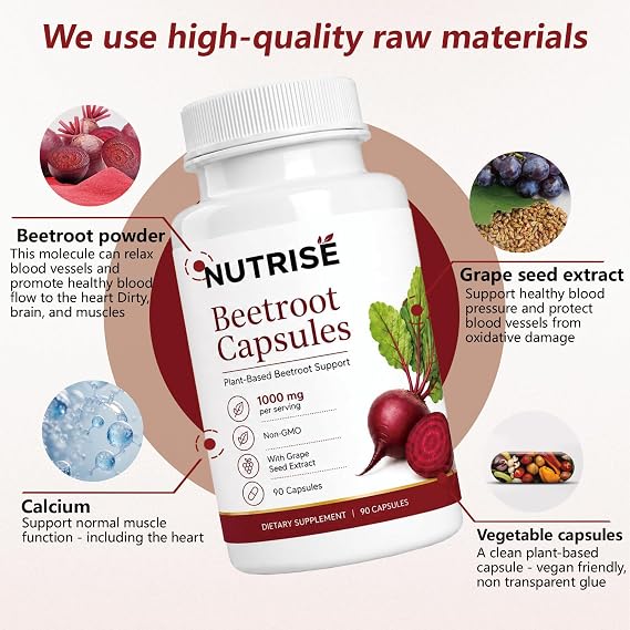 Nutrise Beetroot Capsules Energy & Circulation Support, Non-GMO Vegan, 90 Capsules