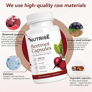 Nutrise Beetroot Capsules Energy & Circulation Support, Non-GMO Vegan, 90 Capsules