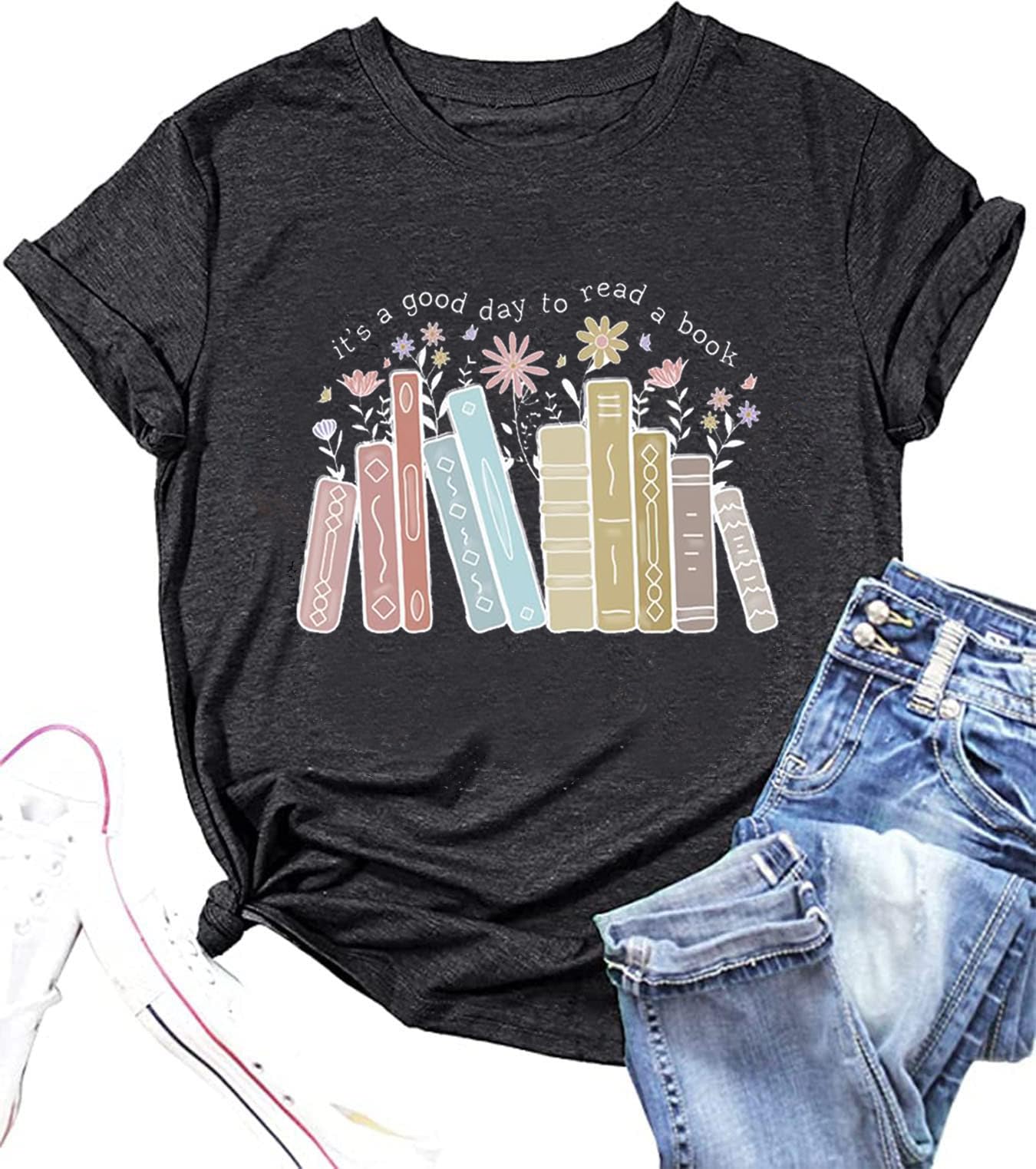 LIWYLUFunny Wildflowers Book Shirts It’s a Good Day to Read A Book T-Shirt Book Reading Teacher Short Sleeve Tee Tops