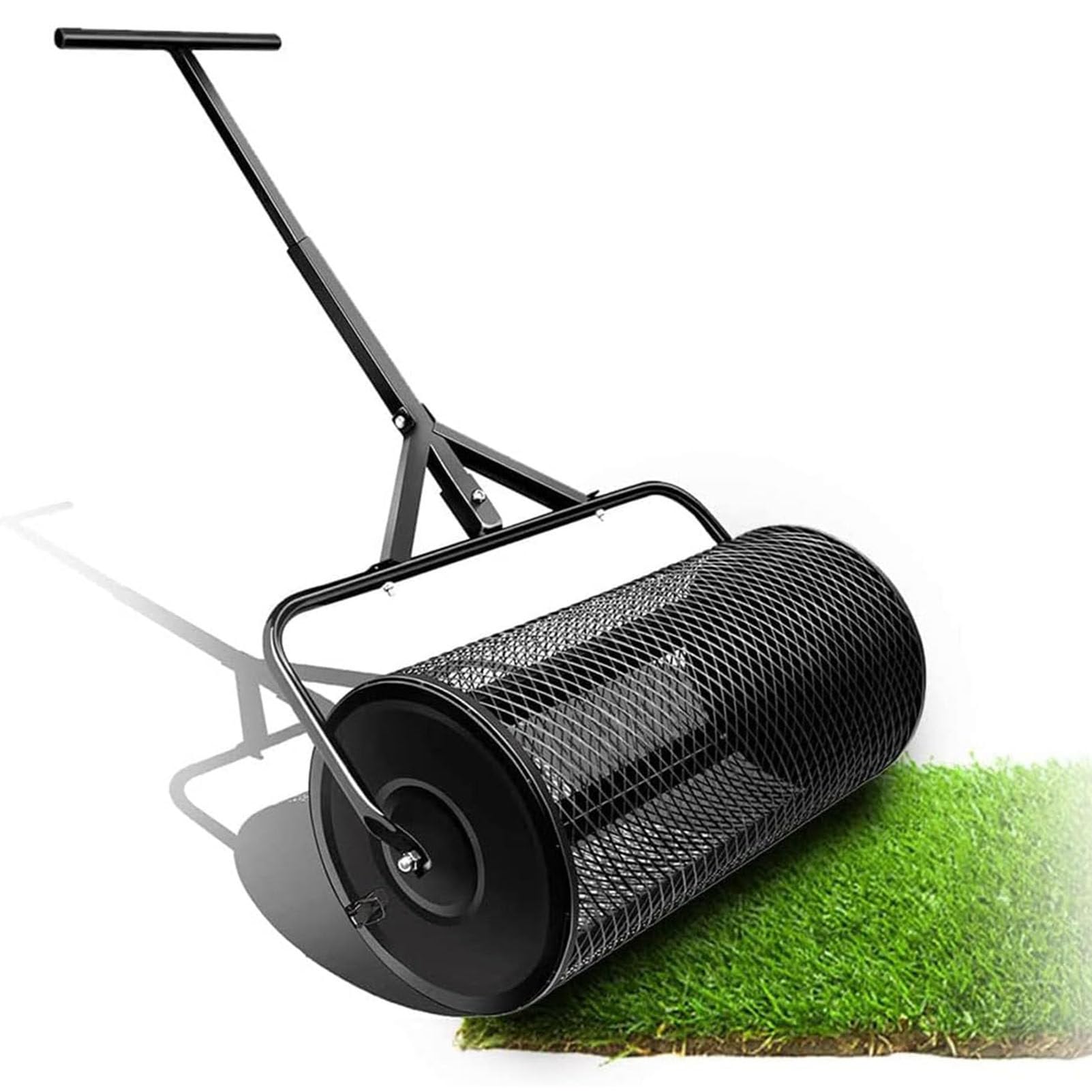 Exputador de compost de 24 ", Rollador de estiércol de malla de metal liviano con mango en forma de T ajustable para plantación y siembra, turba de fertilizante Moss Spreads para césped y jardín,Black