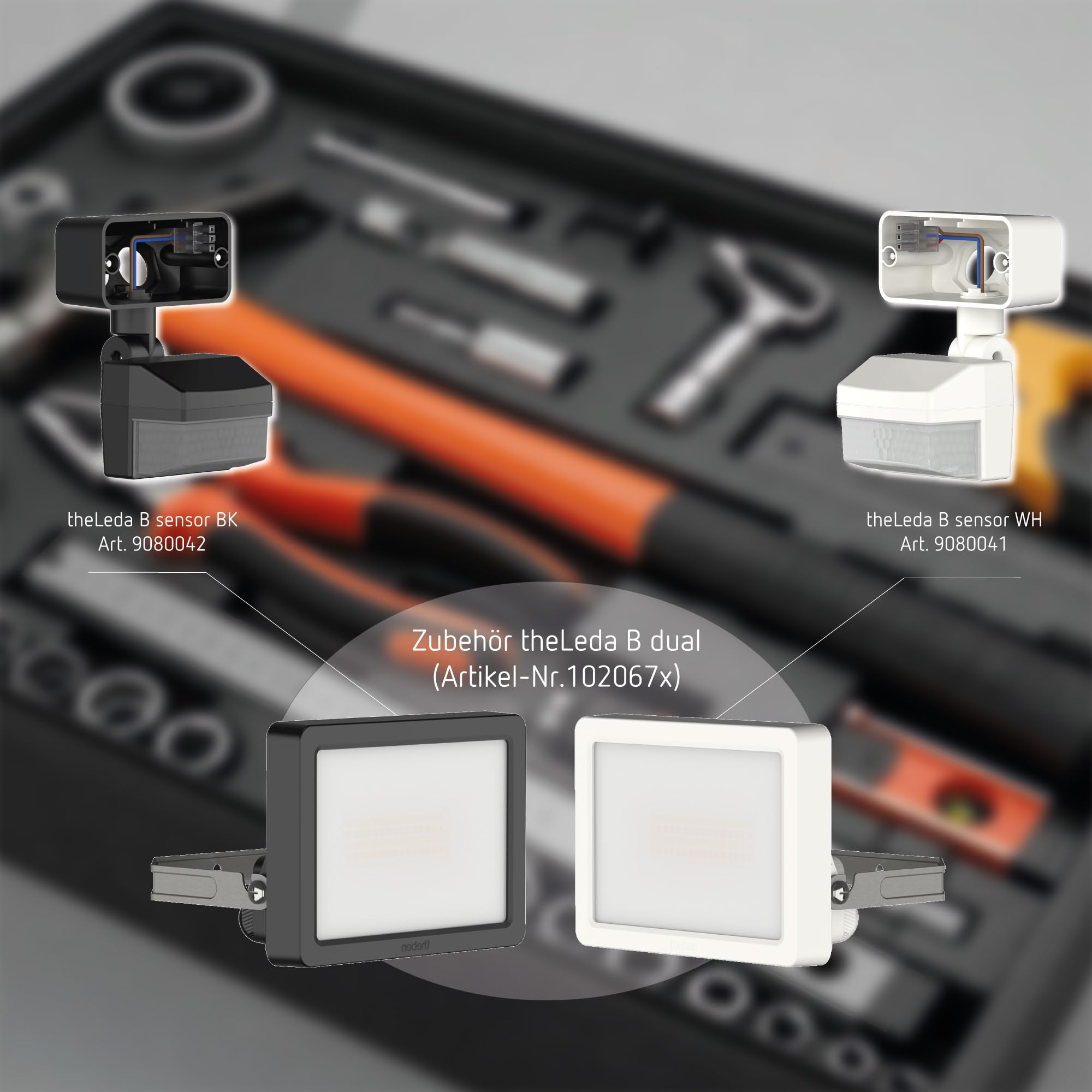 Theben 1020676 theLeda B50 Dual WH foco LED 50 W mural exterior IP65 | 3000 K cálido/4000 K neutro conmutable, 6900 lm, DarkSky, lente transparente, 90° arriba/70° abajo, sensor opcional, blanco