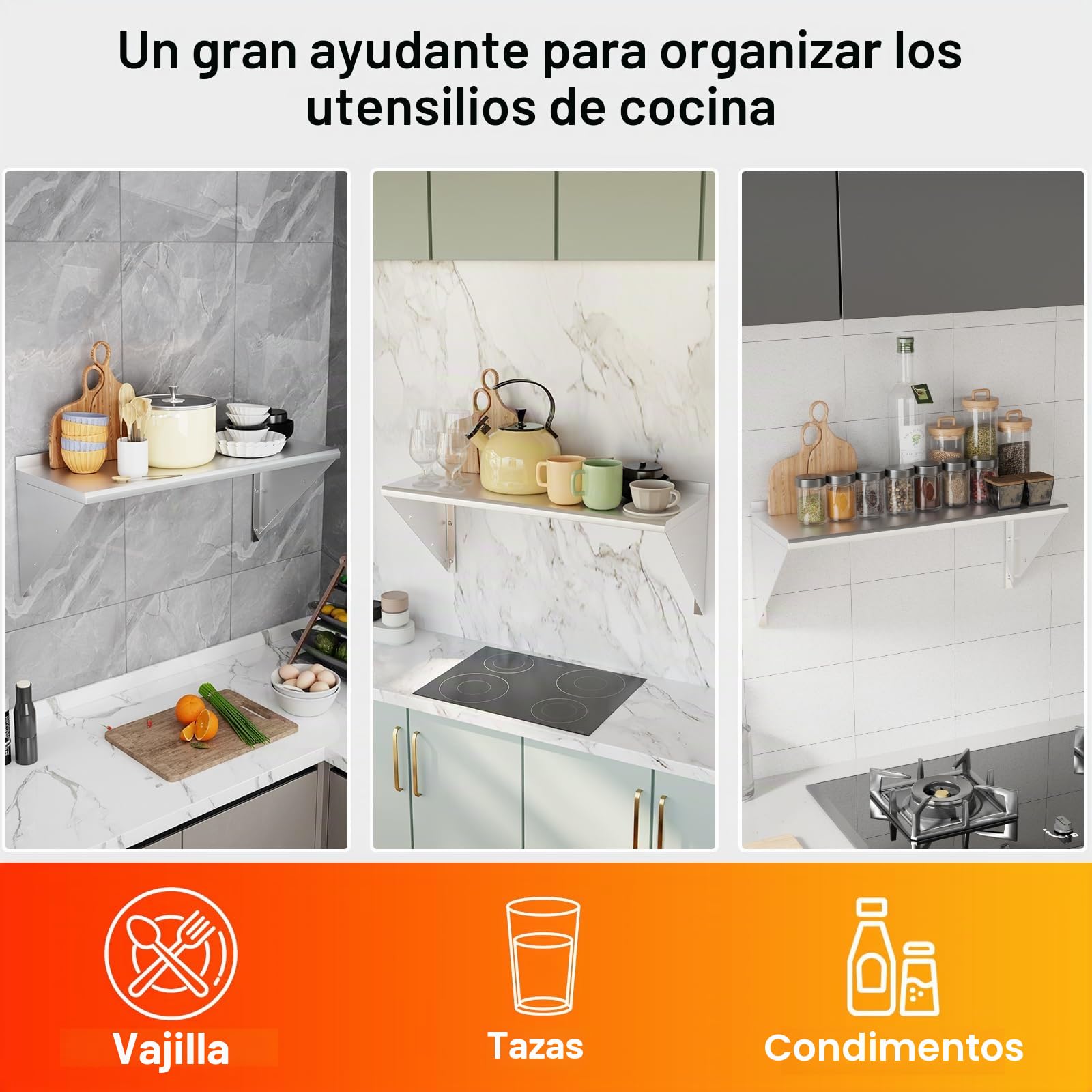 Estantería de Pared de Acero Inoxidable 80x 30 cm, Estantes de Cocina Carga 80 kg, Colocación en Pared, Estante Flotante con Soporte Triangular Apto para Uso en Oficinas, Baños y Cocinas