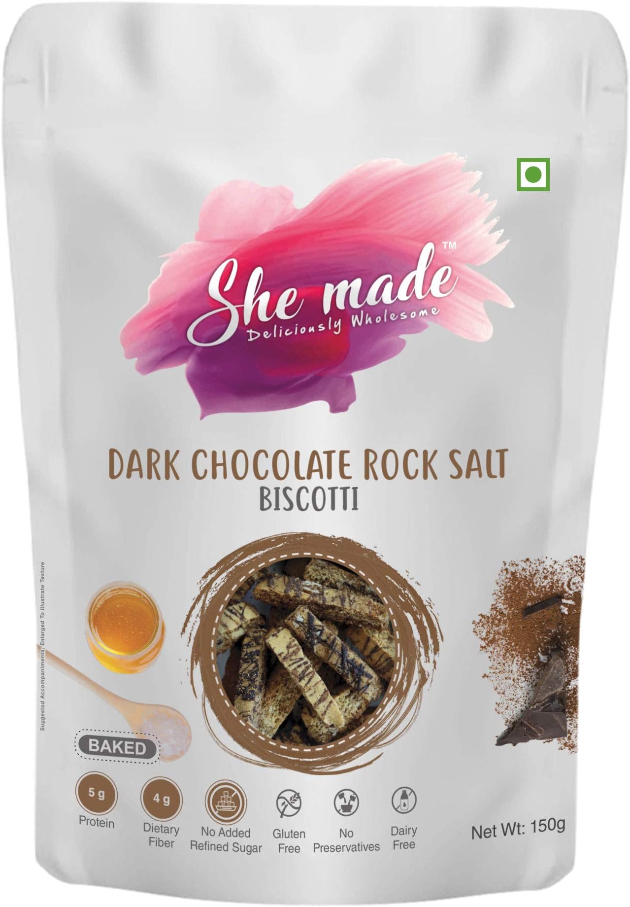 She madeDouble Dark Chocolate Pistachio Biscotti - Baked Cookies Gluten-Free Delicious Diet Friendly High Fiber Energy Boosting Protein Rich Choco Chips Nutritious Healthy Dessert Biscuits (150 Gm)