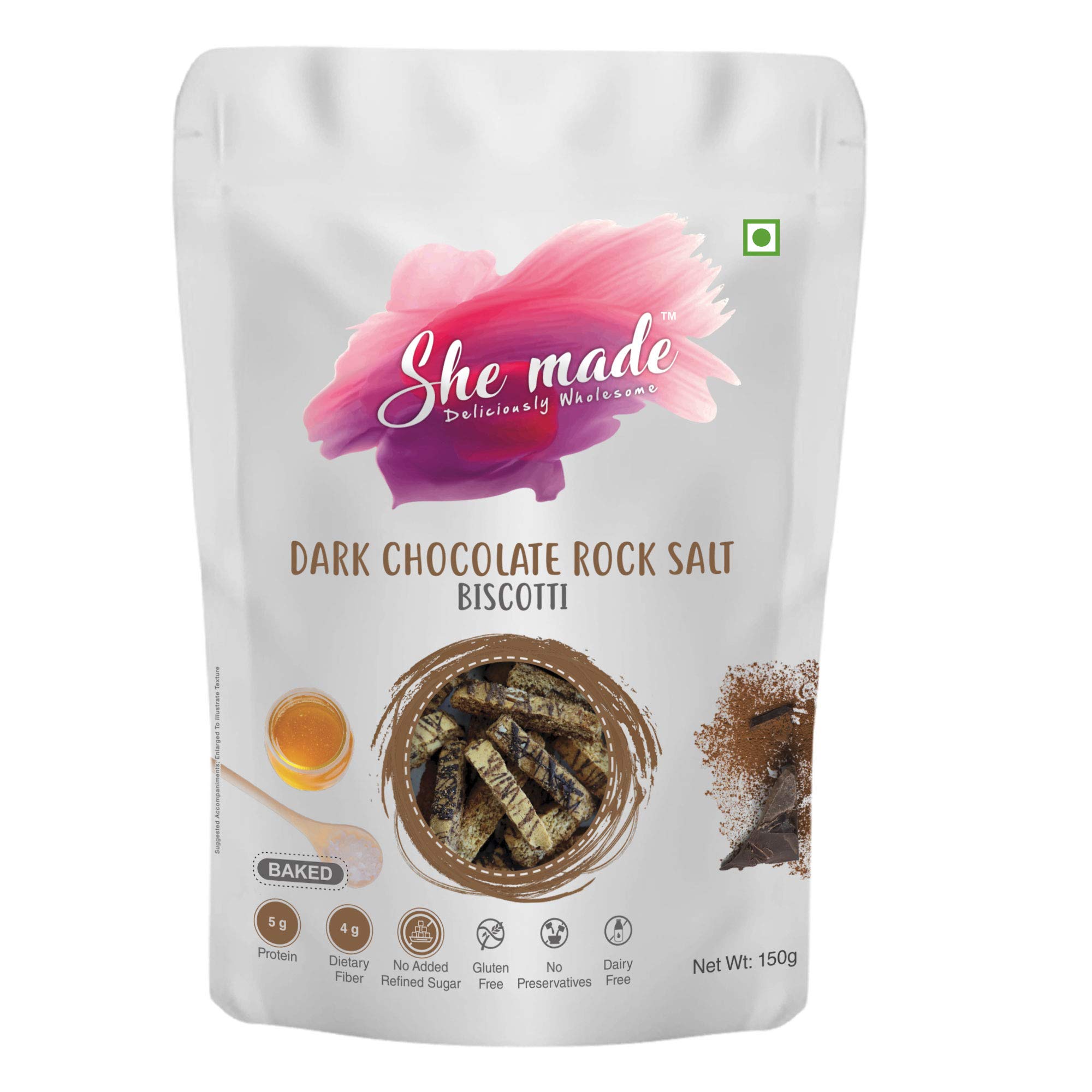 She madeDouble Dark Chocolate Pistachio Biscotti - Baked Cookies Gluten-Free Delicious Diet Friendly High Fiber Energy Boosting Protein Rich Choco Chips Nutritious Healthy Dessert Biscuits (150 Gm)