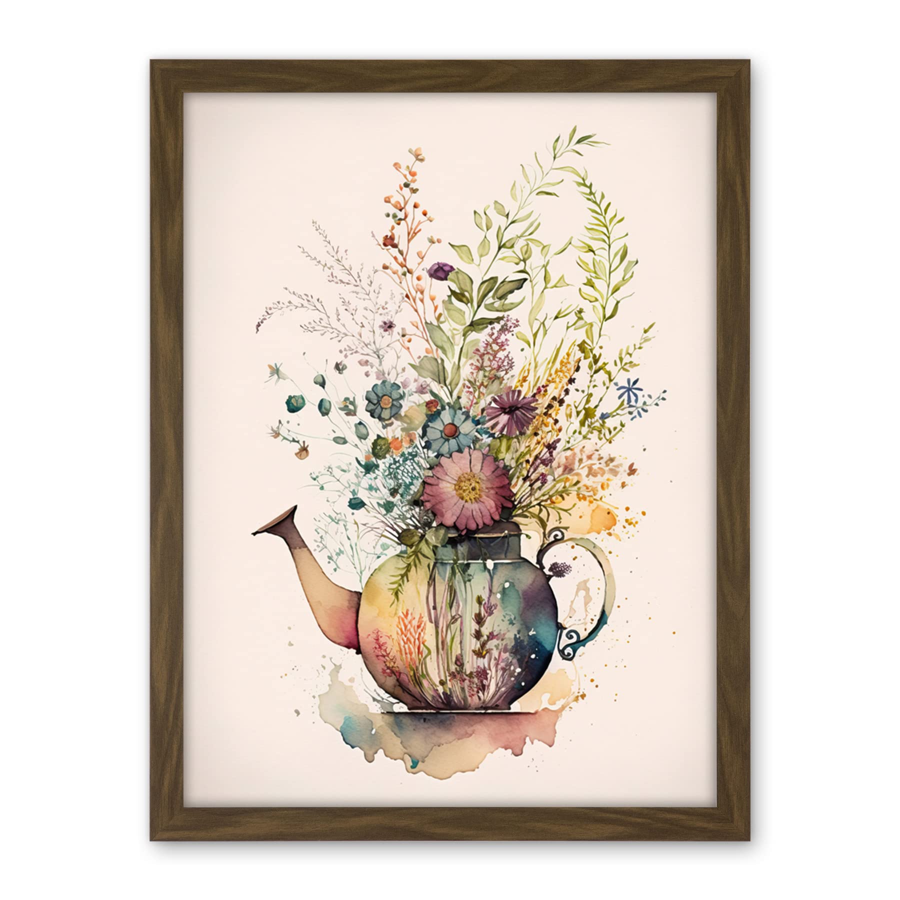 Artery8 Wildflower Floral Spring Bouquet in a Teapot Vase Artwork Framed Wall Art Print 18X24 Inch