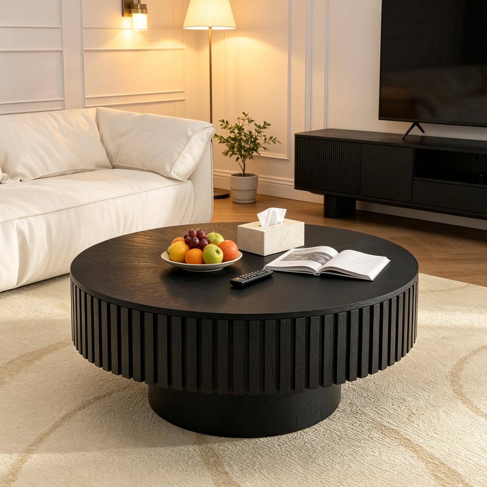FeiZhiYanS Mid-Century Round Fluted Coffee Table for Living Room