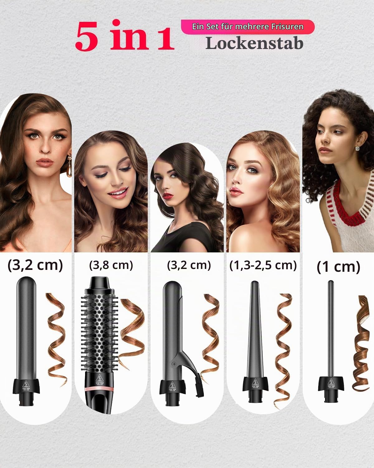 5 in 1 Lockenstab, Schnellaufheizende Thermischer Bürste mit 4 austauschbaren Keramik Barrels (0,35"-1,25") Dual-Voltage Reisegeräte Geburtstagsgeschenk für Frauen - Lockenstab Set für Locken Föhnlook