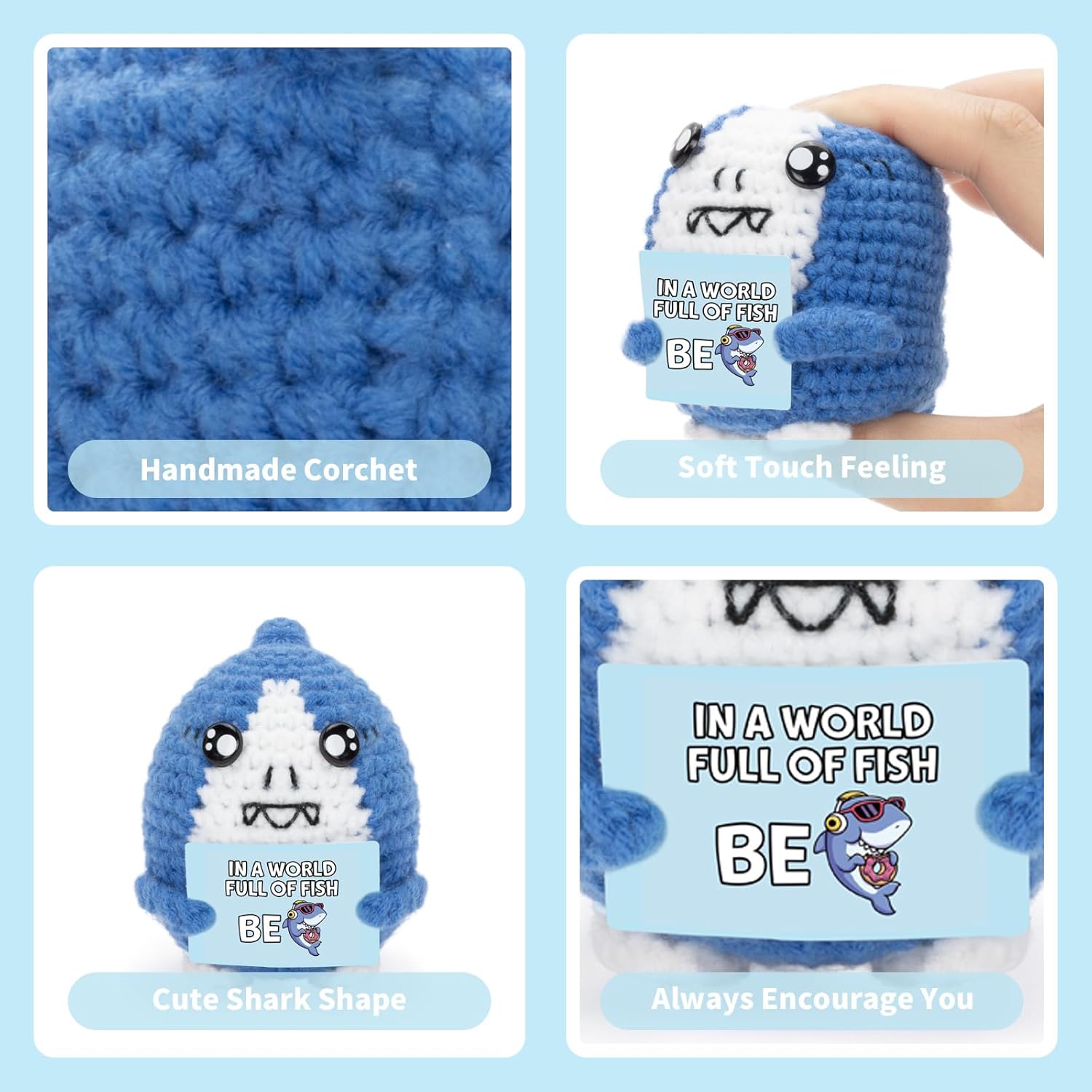 FunisFun Positive Crochet Shark Gift for Shark Lovers - Positive Handmade Crochet Animals for Women Men Birthday, Motivational Decor for Office - Image 3