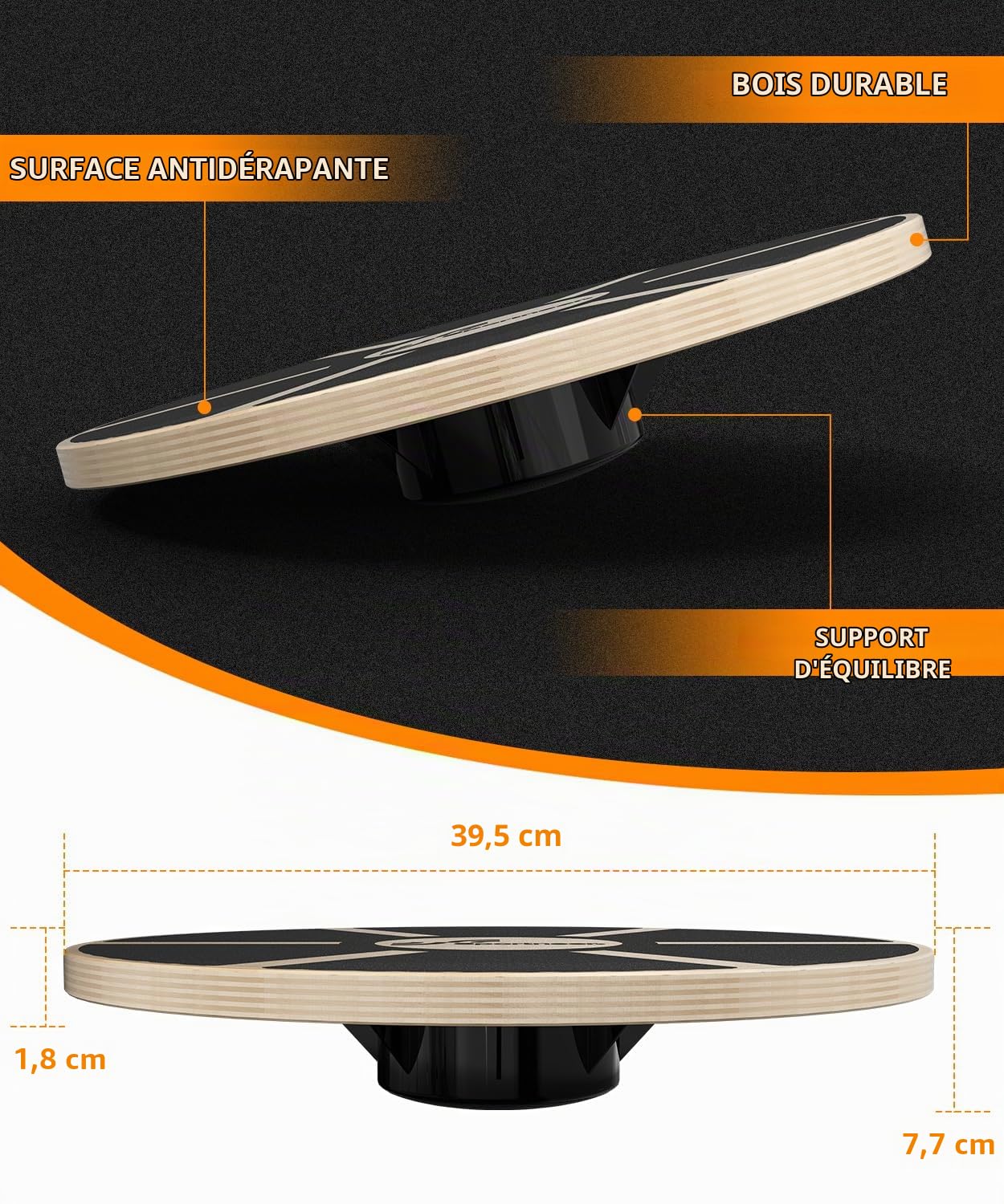 Planche d'équilibre Sportneer en bois avec surface antidérapante pour gymnastique, fitness, exercices de rééducation, 40 cm de diamètre